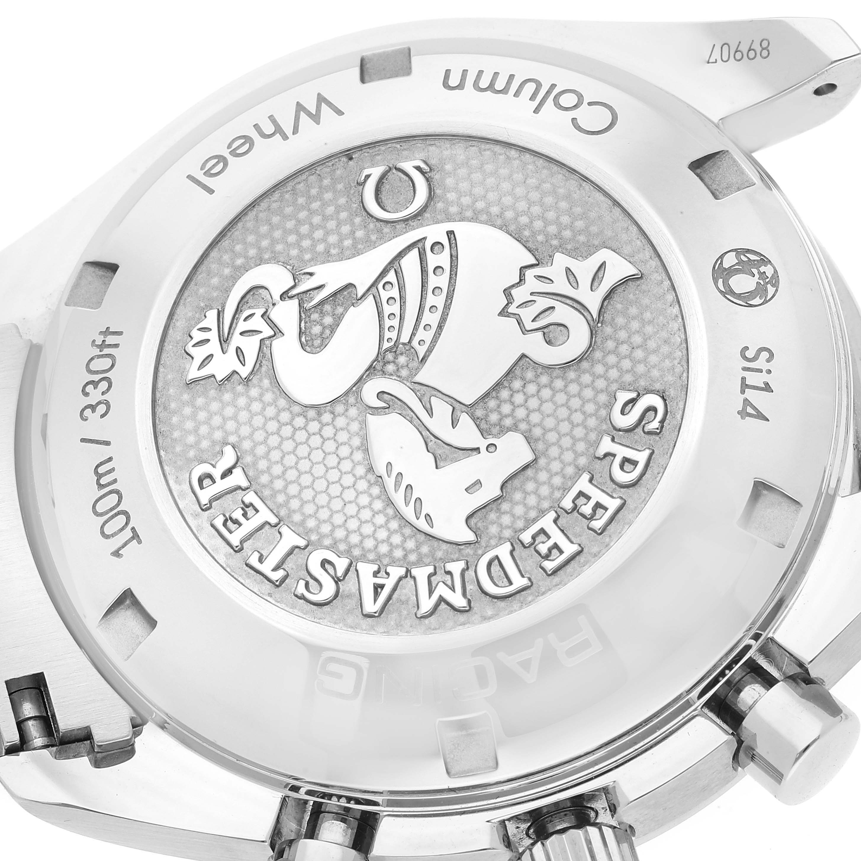 The image shows the case back of an Omega Speedmaster 326.30.40.50.01.002 Men's Stainless Steel Black Dial 326.30.40.50.01.002 Men's Stainless Steel Black Dial watch, highlighting its engravings and markings.