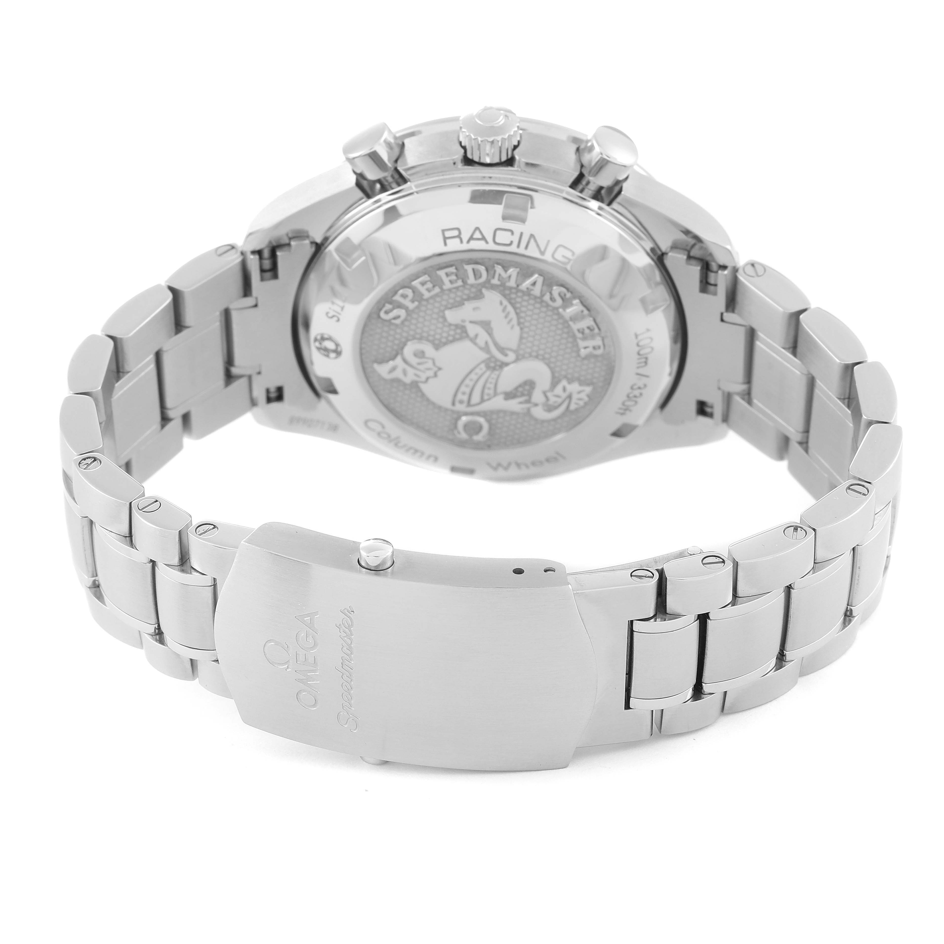 The image shows the back and bracelet of the Omega Speedmaster 326.30.40.50.01.002 Men's Stainless Steel Black Dial 326.30.40.50.01.002 Men's Stainless Steel Black Dial watch, featuring its engraved case back and metal clasp.