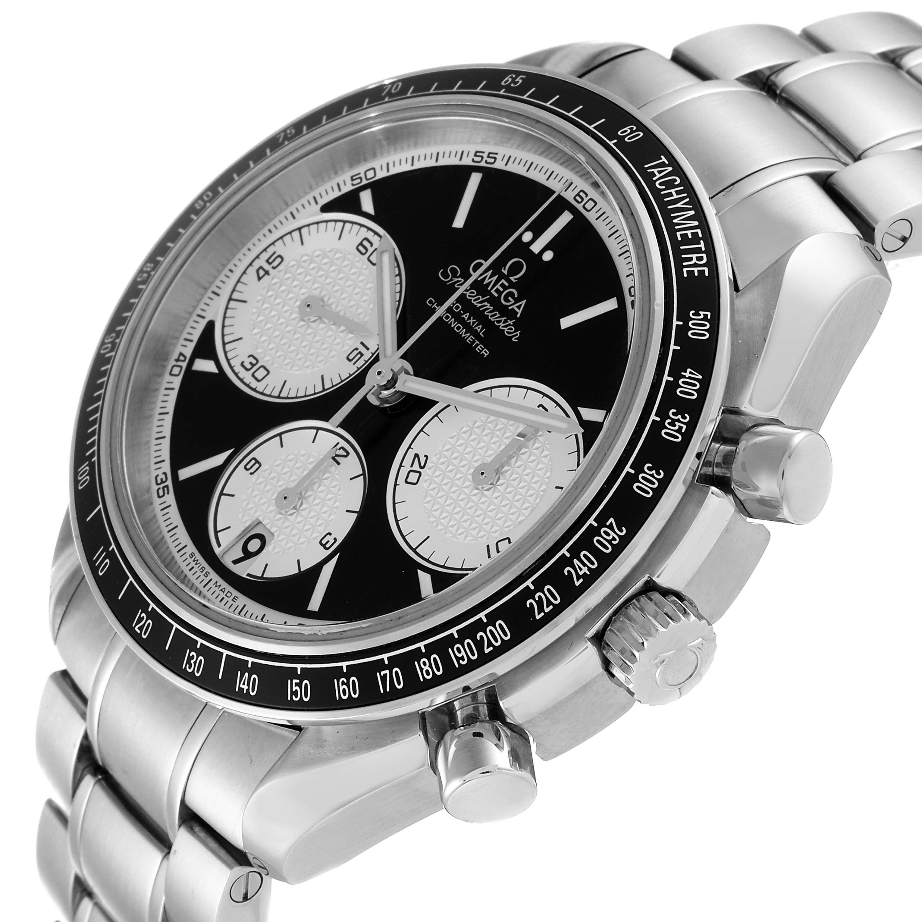 The image shows a side view of the Omega Speedmaster 326.30.40.50.01.002 Men's Stainless Steel Black Dial 326.30.40.50.01.002 Men's Stainless Steel Black Dial watch, highlighting the dial, pushers, and part of the bracelet.