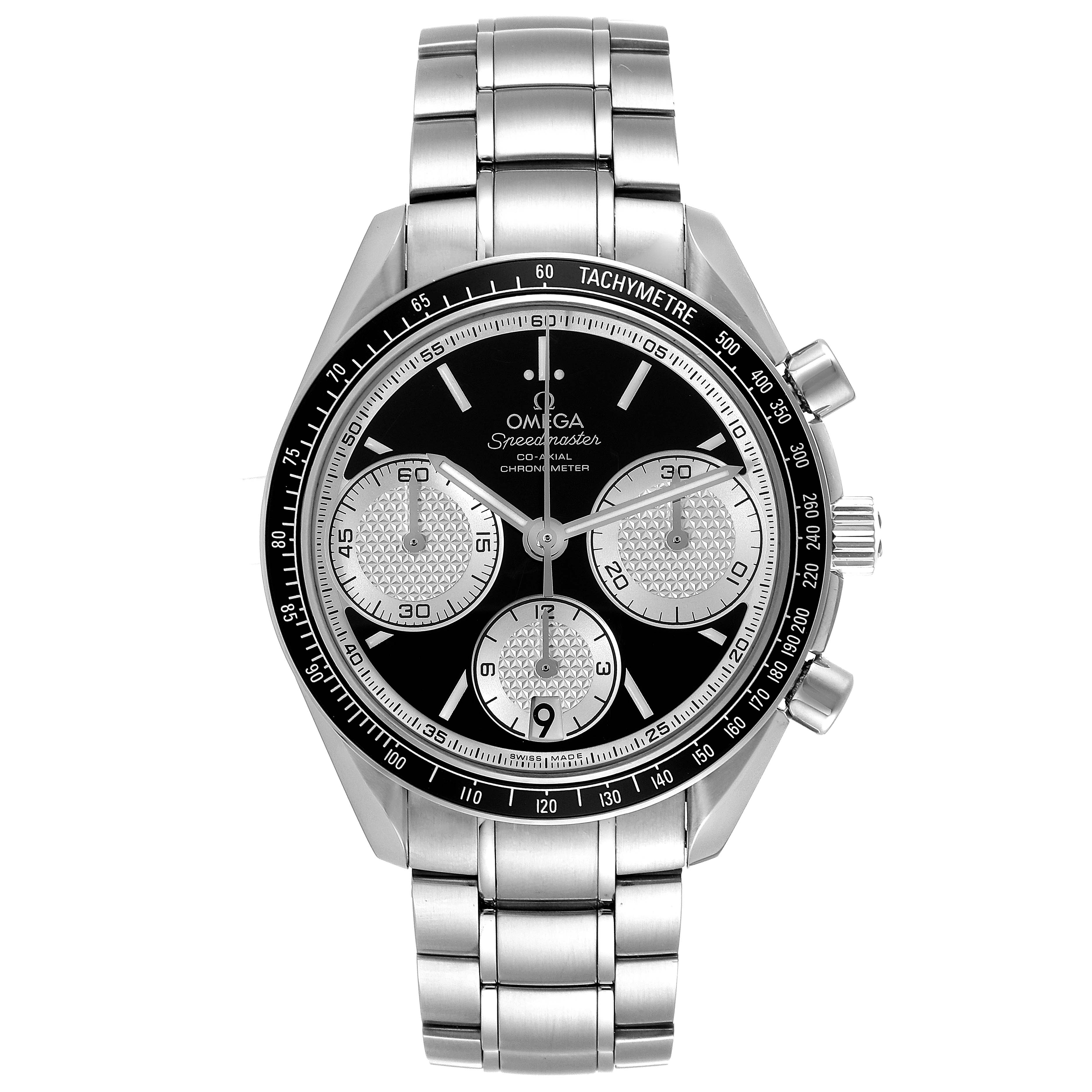 The image shows a front view of an Omega Speedmaster 326.30.40.50.01.002 Men's Stainless Steel Black Dial 326.30.40.50.01.002 Men's Stainless Steel Black Dial watch, displaying its face, bezel, crown, and stainless steel bracelet.