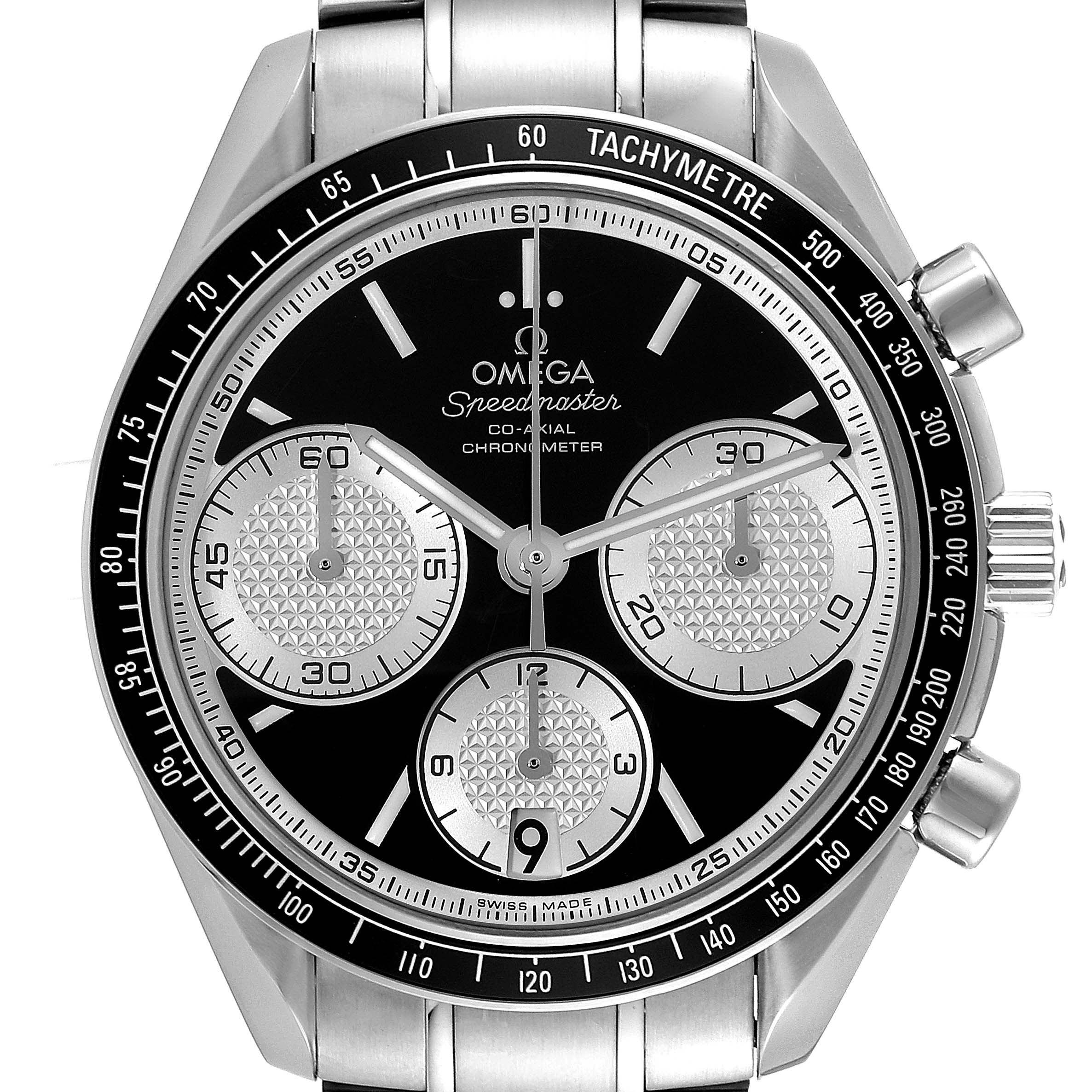 The image shows a front view of the Omega Speedmaster 326.30.40.50.01.002 Men's Stainless Steel Black Dial 326.30.40.50.01.002 Men's Stainless Steel Black Dial watch, highlighting the dial, bezel, subdials, and pushers.