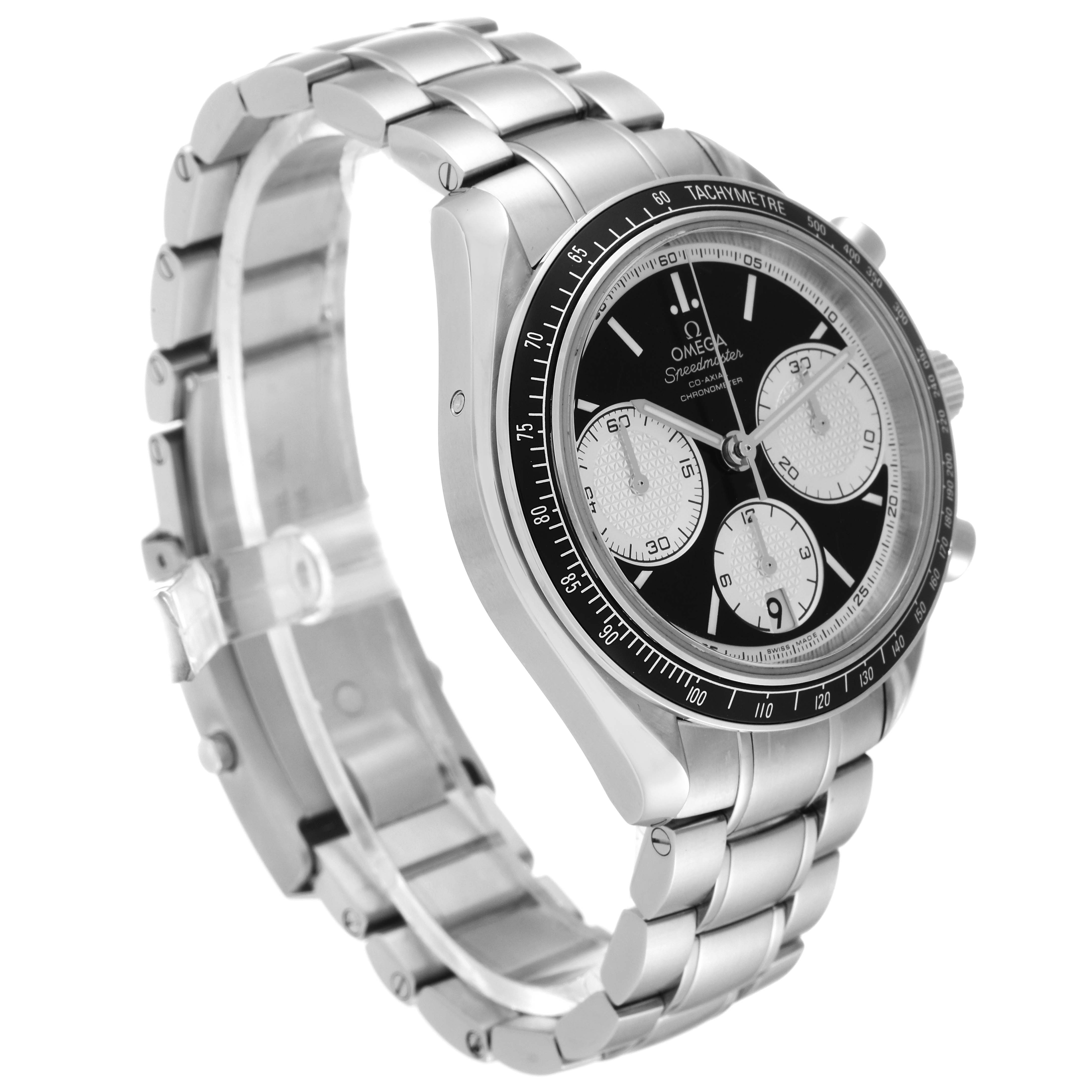 This image shows the Omega Speedmaster 326.30.40.50.01.002 Men's Stainless Steel Black Dial 326.30.40.50.01.002 Men's Stainless Steel Black Dial watch at a three-quarter angle, highlighting the face, case, and metal bracelet.