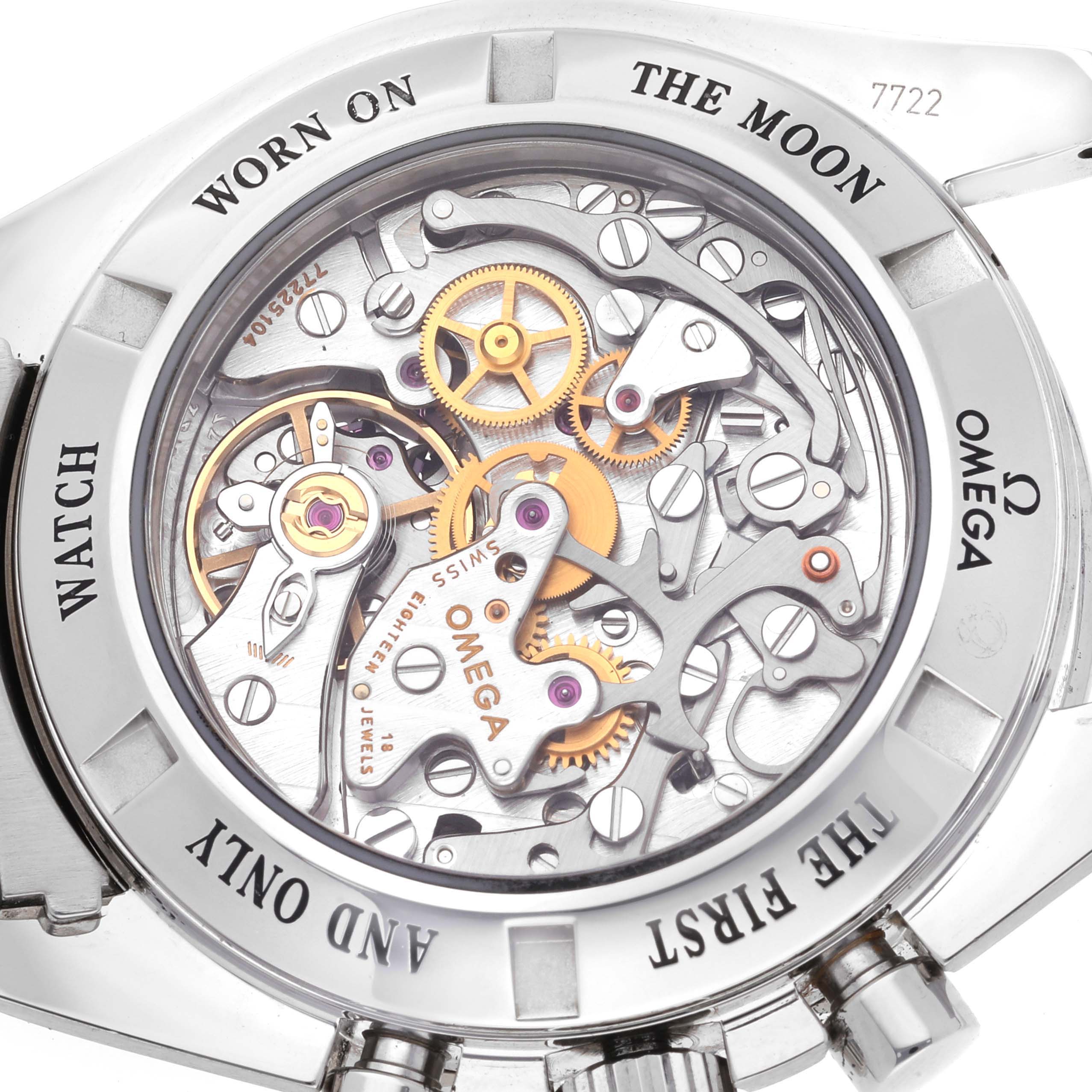 This image shows the back view of the Omega Speedmaster 3573.50.00 Men's Stainless Steel Black Dial 3573.50.00 Men's Stainless Steel Black Dial watch, highlighting its intricate mechanical movement.