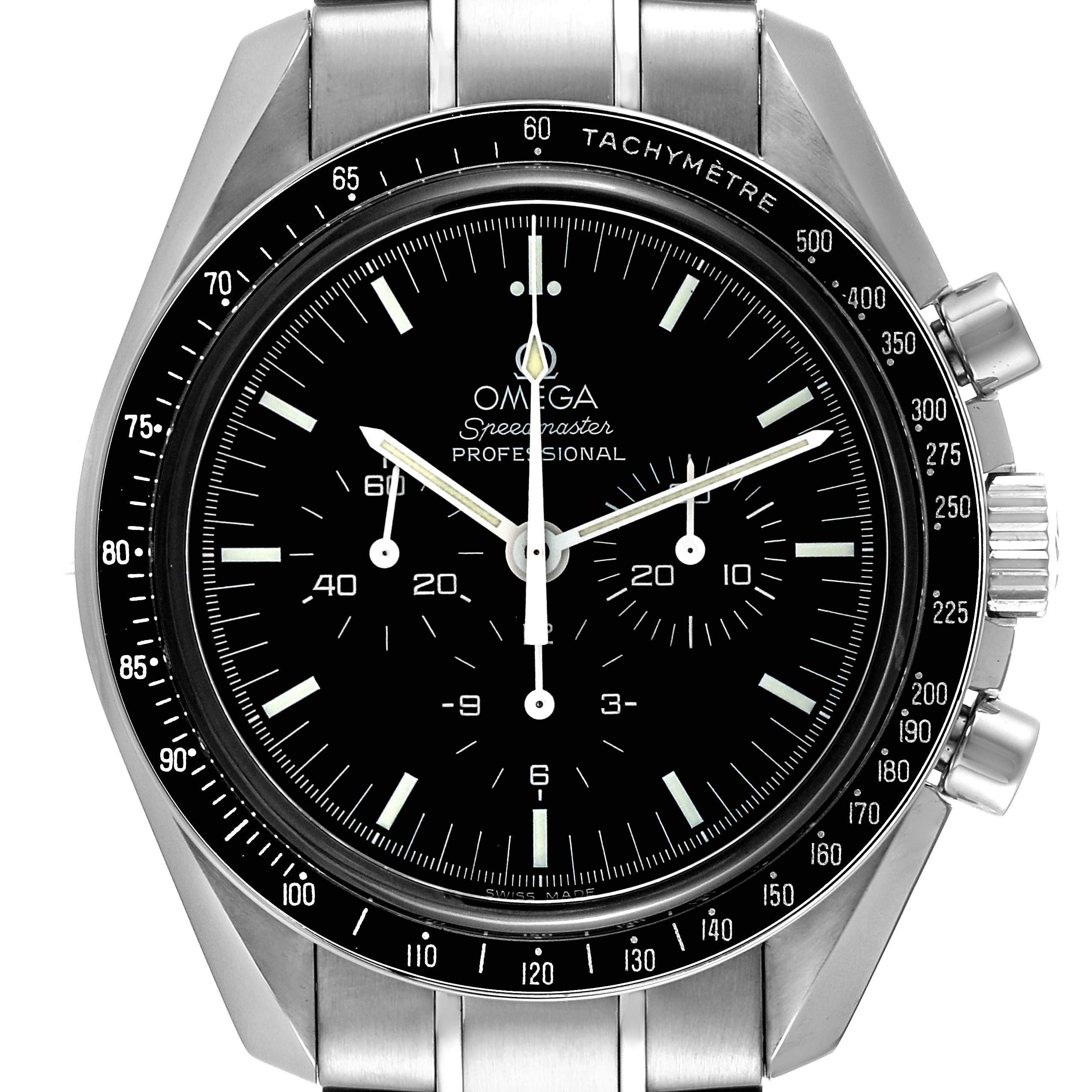The image shows a frontal view of an Omega Speedmaster 3573.50.00 Men's Stainless Steel Black Dial 3573.50.00 Men's Stainless Steel Black Dial watch, displaying its face, bezel, and stainless steel bracelet.