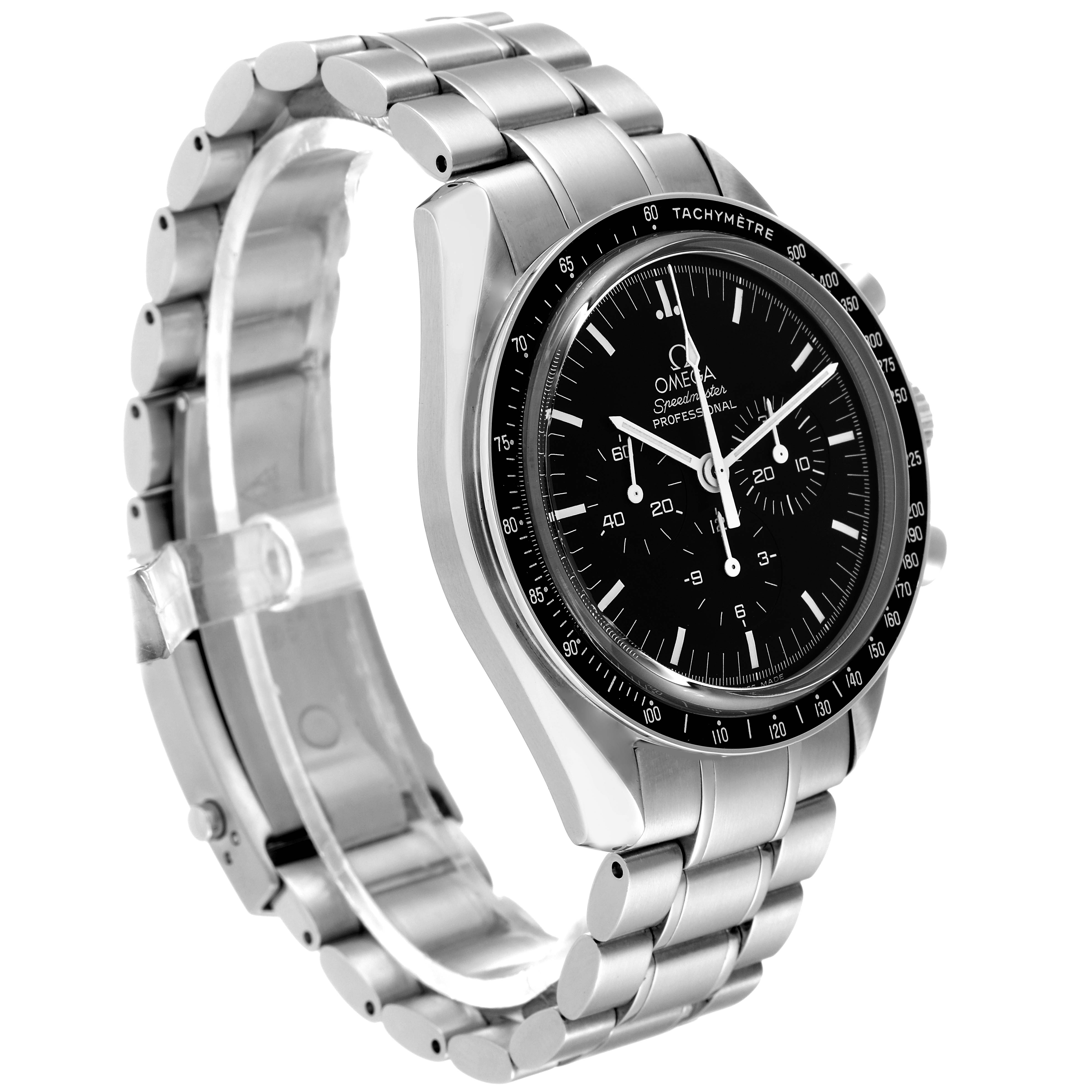 The Omega Speedmaster 3573.50.00 Men's Stainless Steel Black Dial 3573.50.00 Men's Stainless Steel Black Dial watch is shown at a three-quarter angle, displaying the dial, bezel, and metal bracelet.