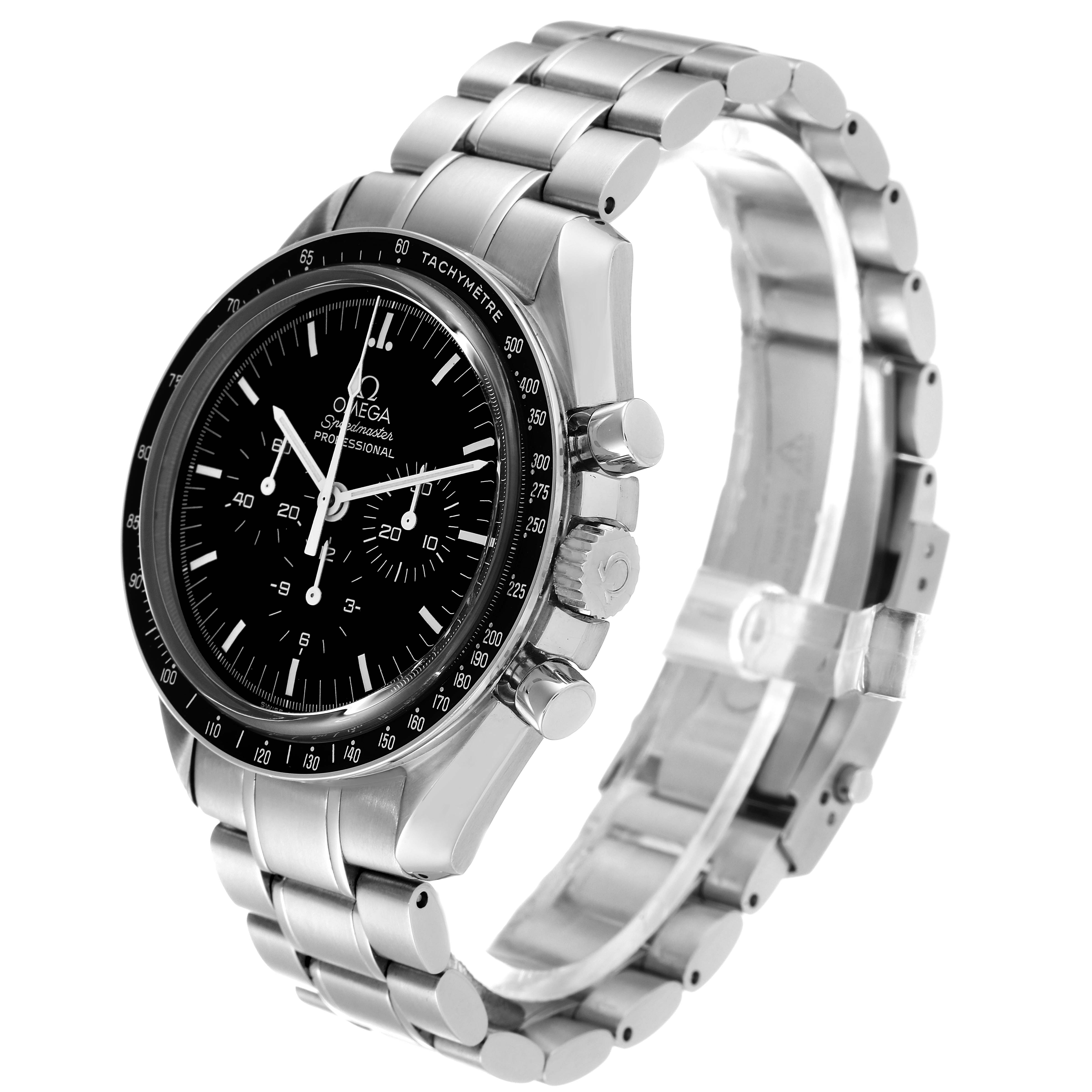 The image shows an angled view of an Omega Speedmaster 3573.50.00 Men's Stainless Steel Black Dial 3573.50.00 Men's Stainless Steel Black Dial watch, highlighting the watch face, bezel, and part of the stainless steel bracelet.
