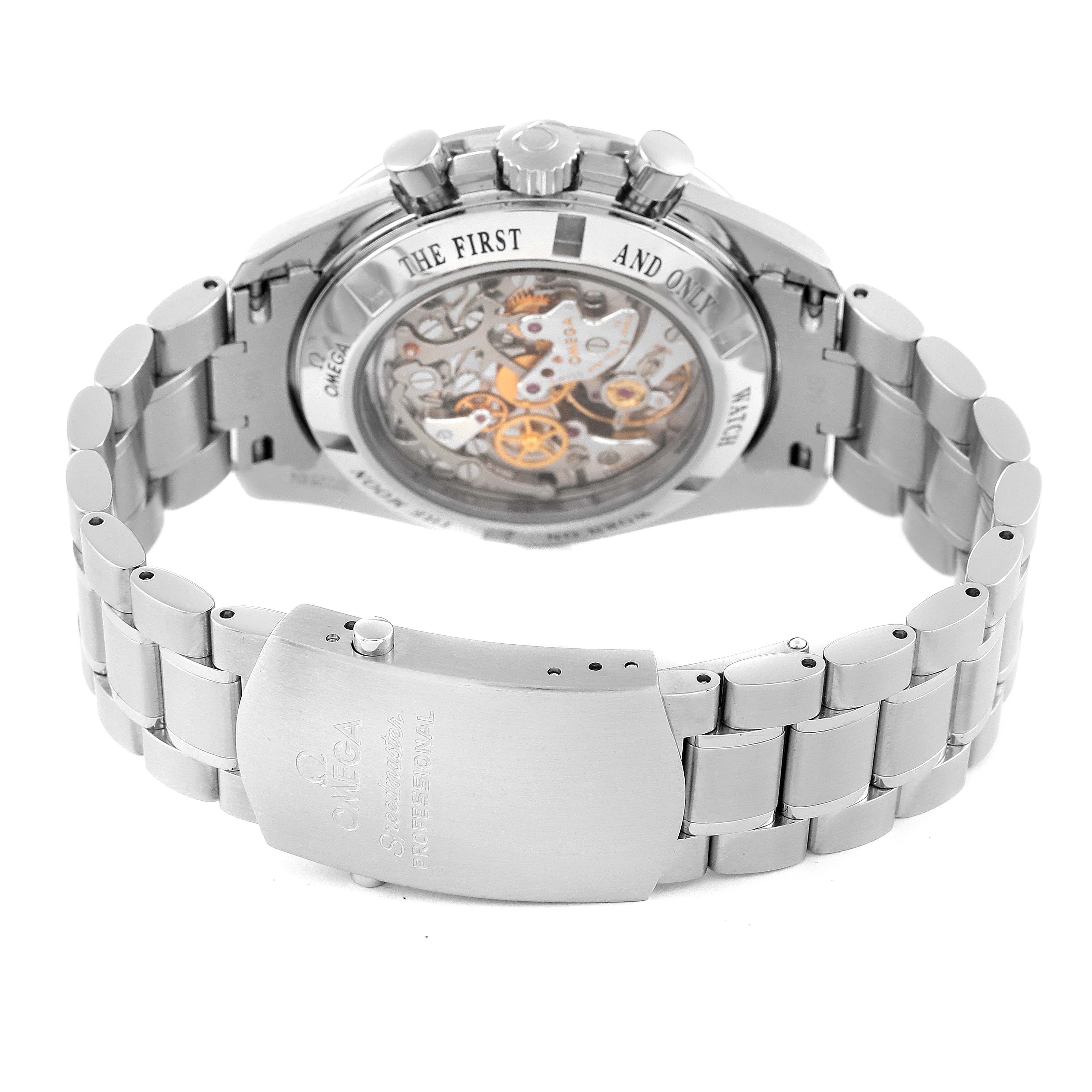 This image shows the back and clasp of an Omega Speedmaster 3573.50.00 Men's Stainless Steel Black Dial 3573.50.00 Men's Stainless Steel Black Dial watch with a view of its inner mechanisms.