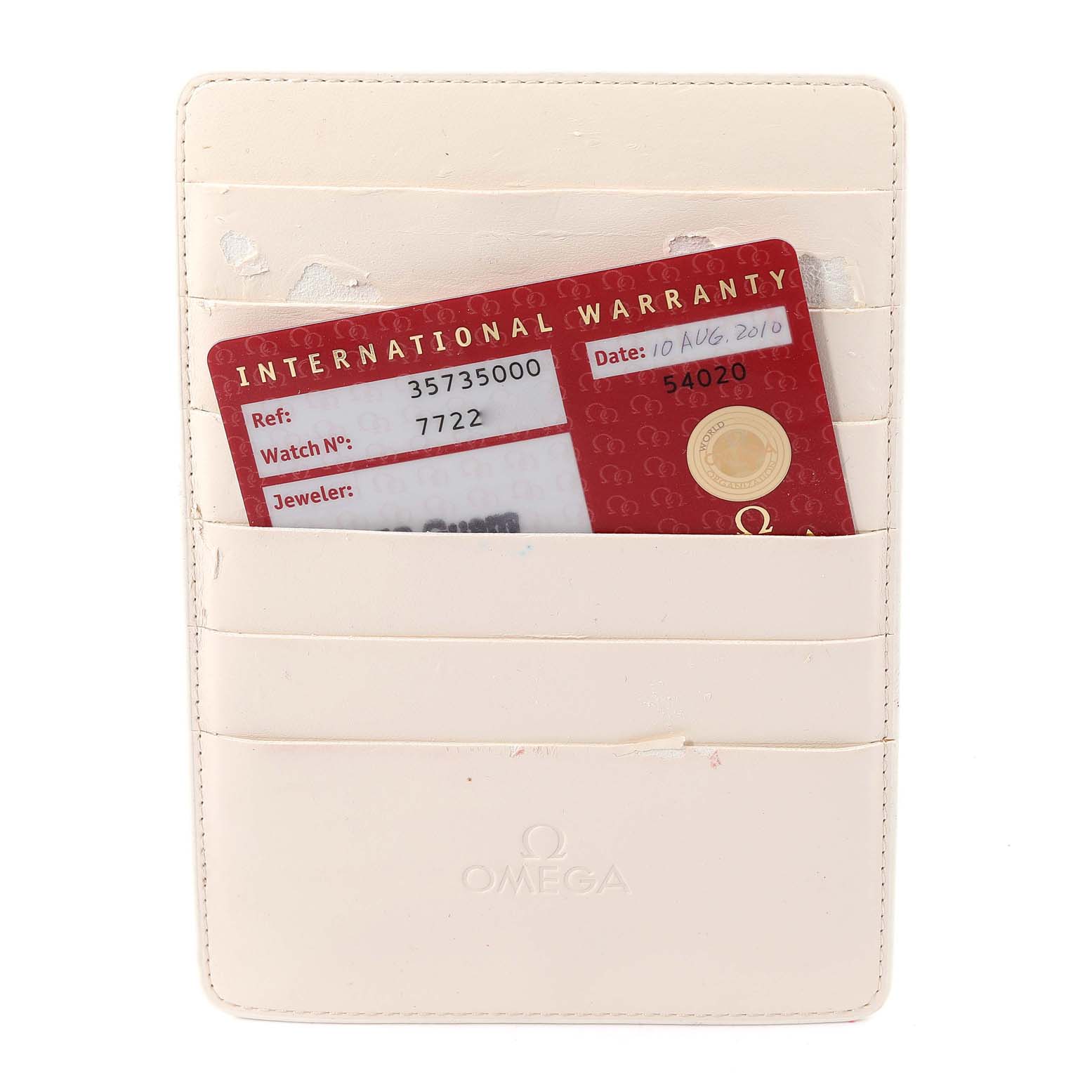 The image shows an Omega Speedmaster 3573.50.00 Men's Stainless Steel Black Dial 3573.50.00 Men's Stainless Steel Black Dial's warranty card and cardholder from a straight-on angle.