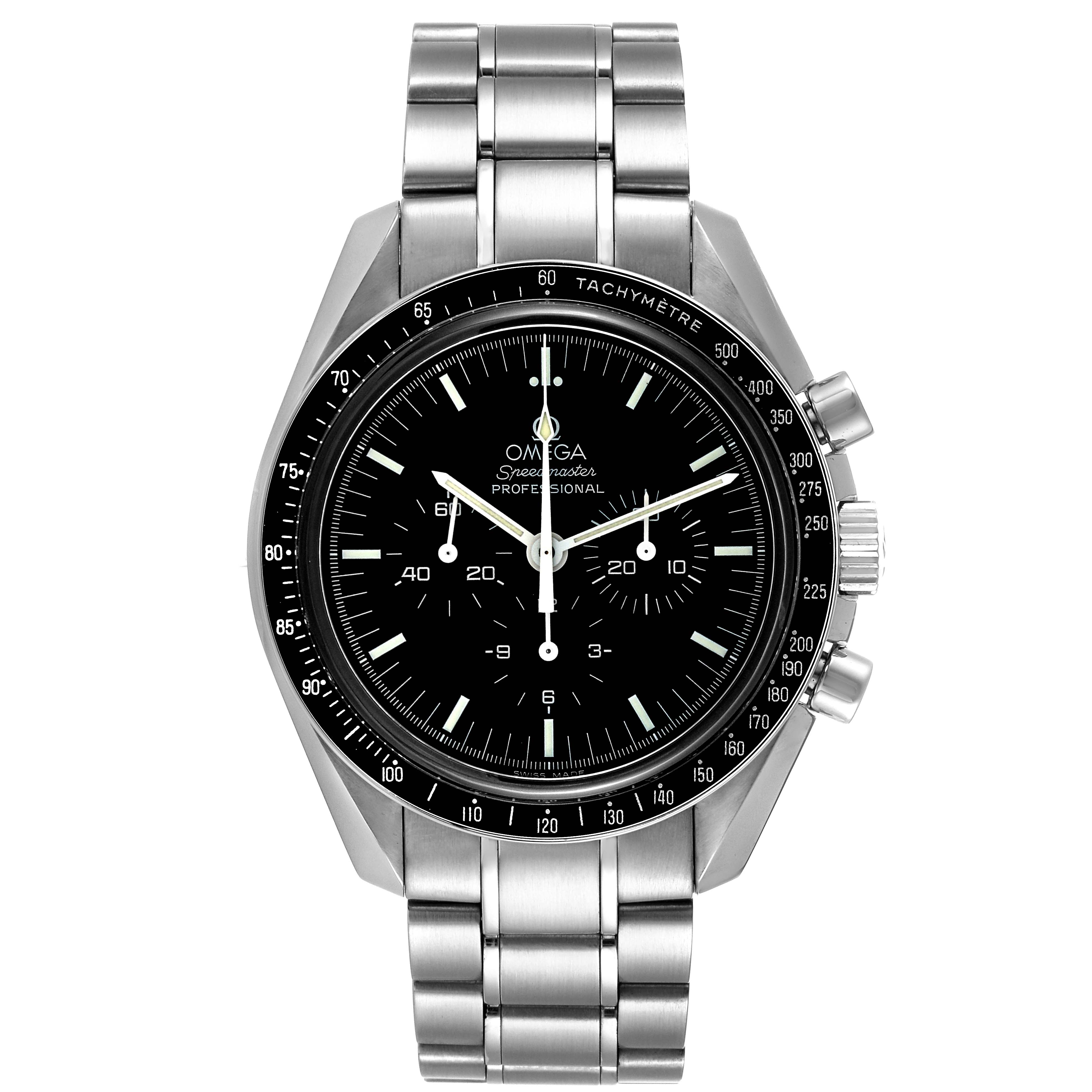 The image shows a frontal view of the Omega Speedmaster 3573.50.00 Men's Stainless Steel Black Dial 3573.50.00 Men's Stainless Steel Black Dial Professional watch, highlighting its dial, bezel, and bracelet.