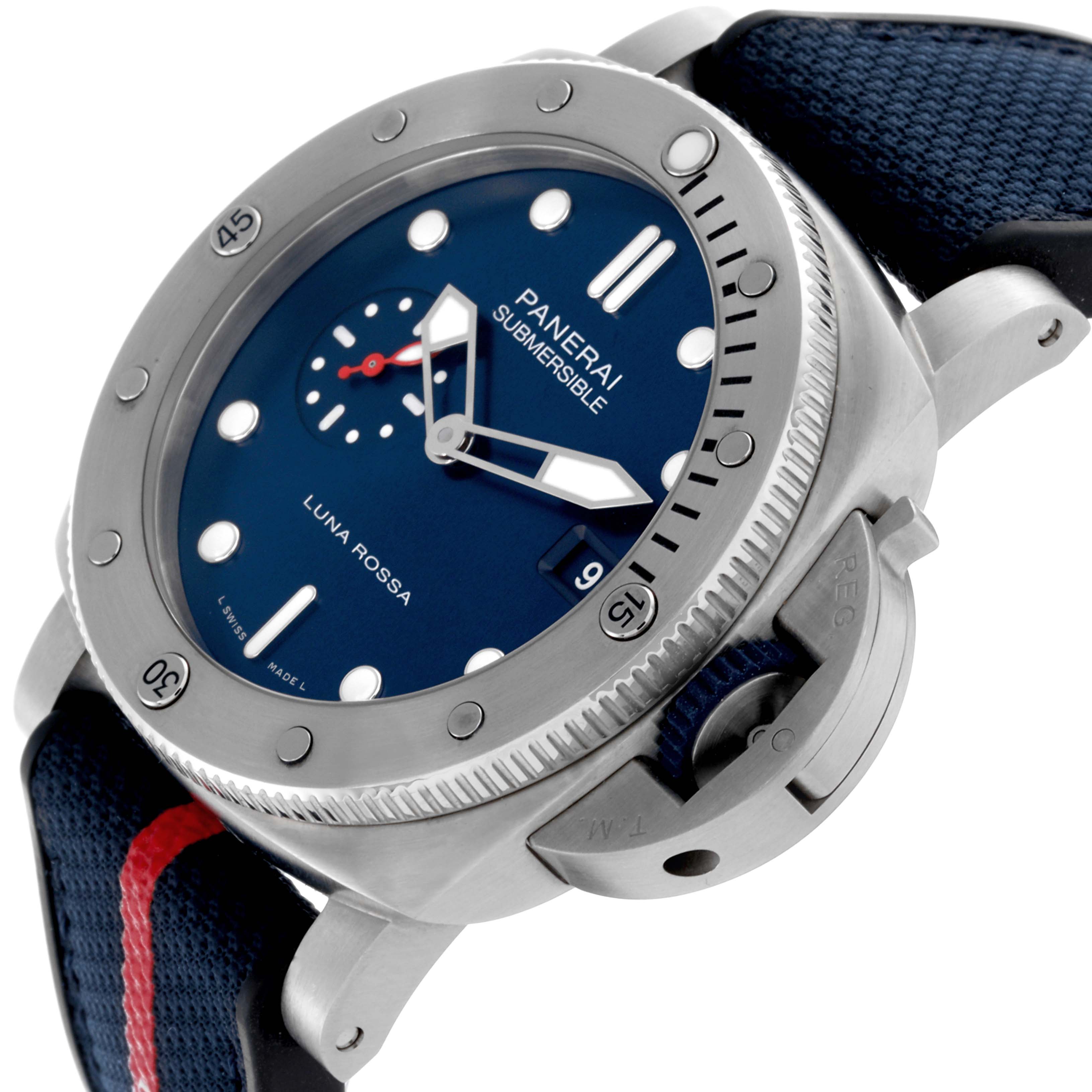 The Panerai Submersible PAM01391 Men's Stainless Steel Blue Dial PAM01391 Men's Stainless Steel Blue Dial watch is shown at an angle highlighting the dial, bezel, crown guard, and strap.