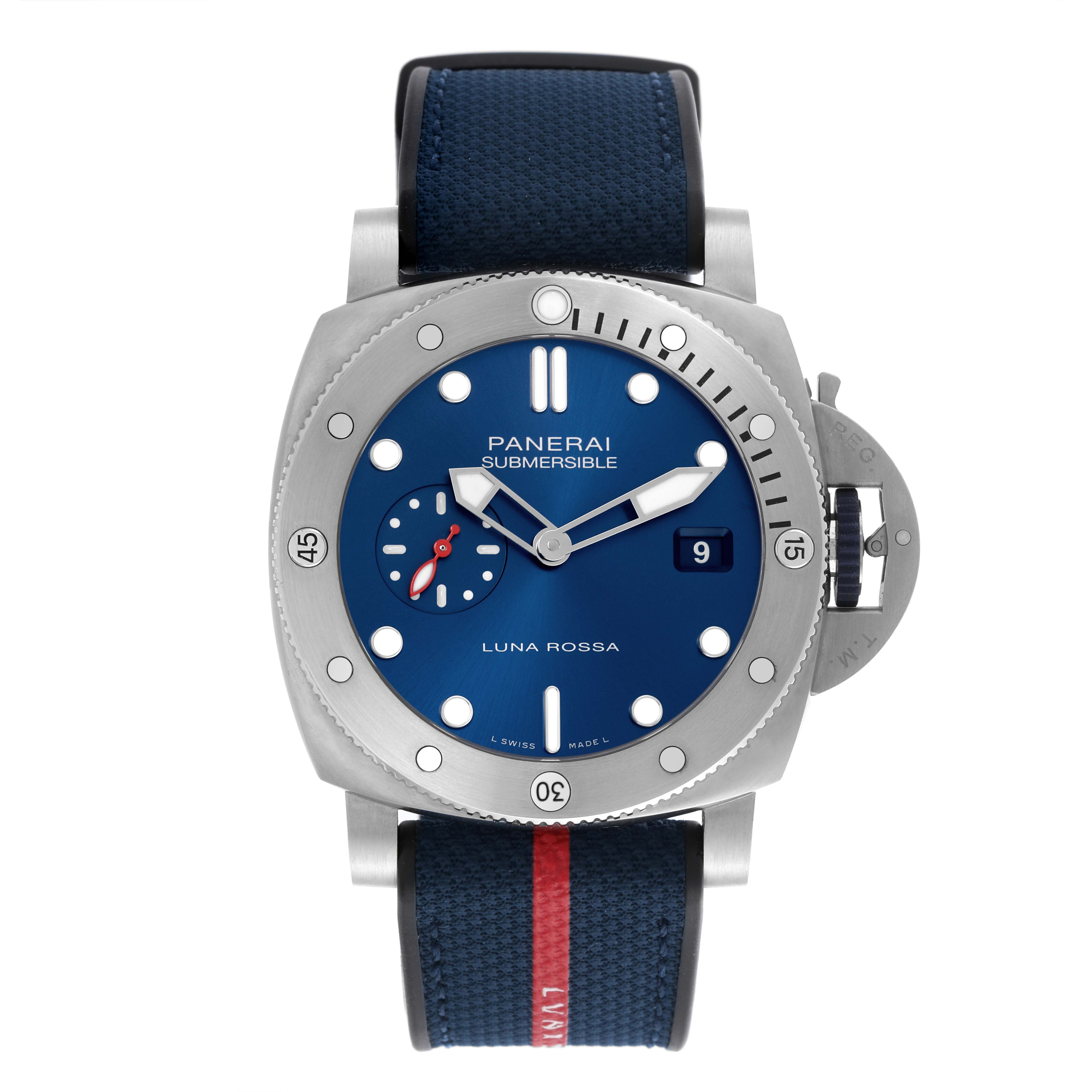 The Panerai Submersible PAM01391 Men's Stainless Steel Blue Dial PAM01391 Men's Stainless Steel Blue Dial watch is shown from the front, highlighting its blue dial, bezel, and strap.