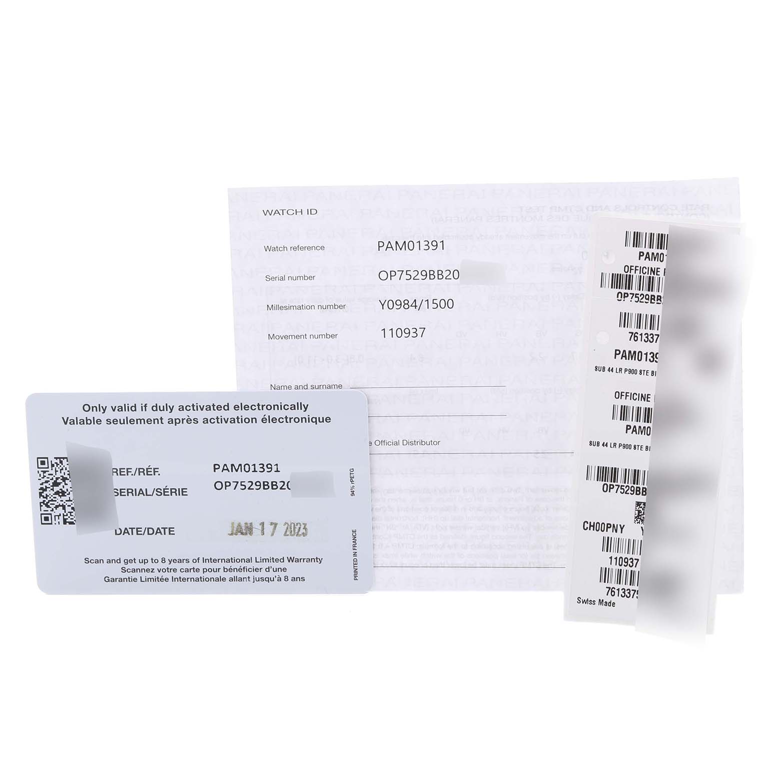 The image shows documentation and tags for the Panerai Submersible PAM01391 Men's Stainless Steel Blue Dial PAM01391 Men's Stainless Steel Blue Dial model, including warranty cards and serial details.