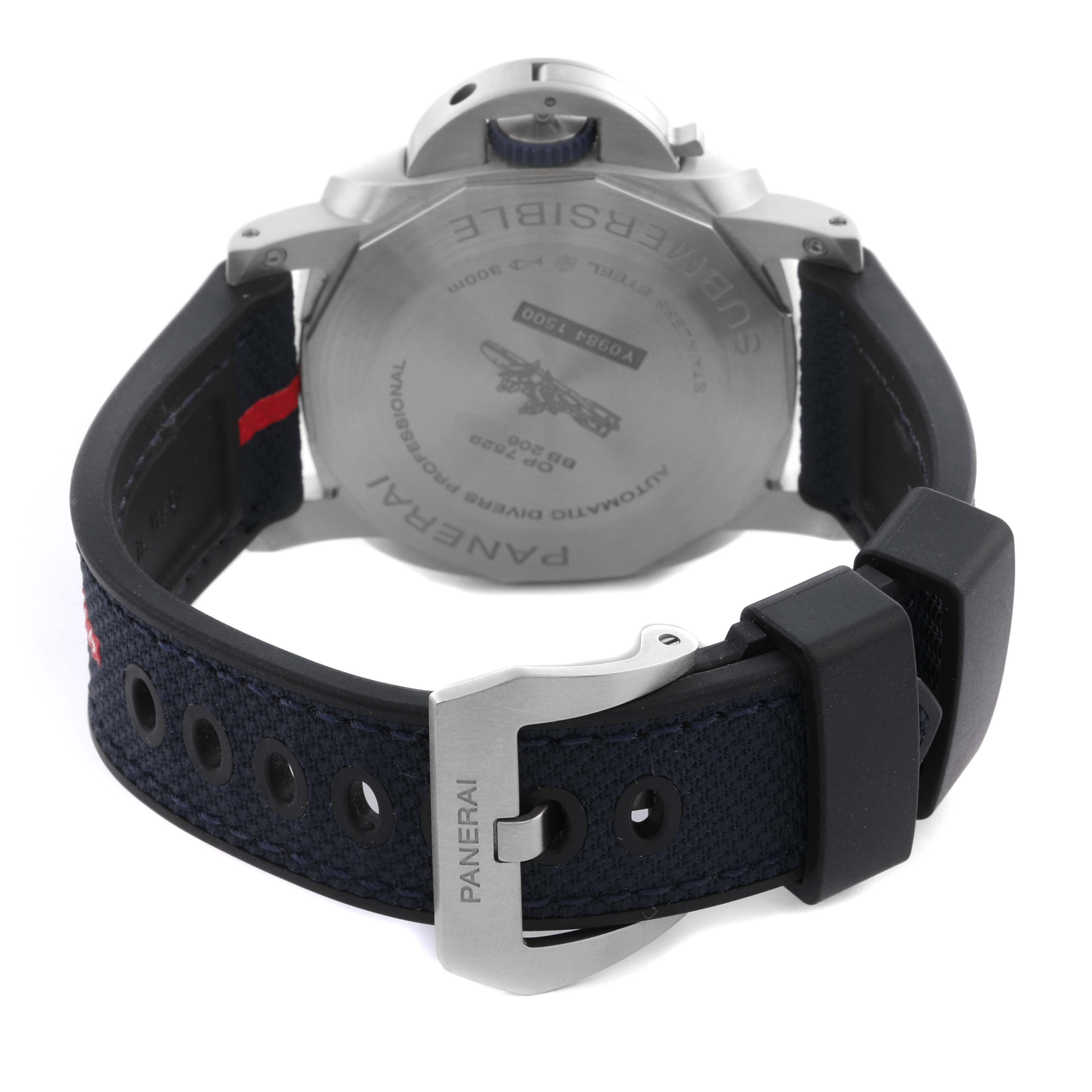 The Panerai Submersible PAM01391 Men's Stainless Steel Blue Dial PAM01391 Men's Stainless Steel Blue Dial watch is shown from the back, displaying the case back and fabric strap with a branded buckle.