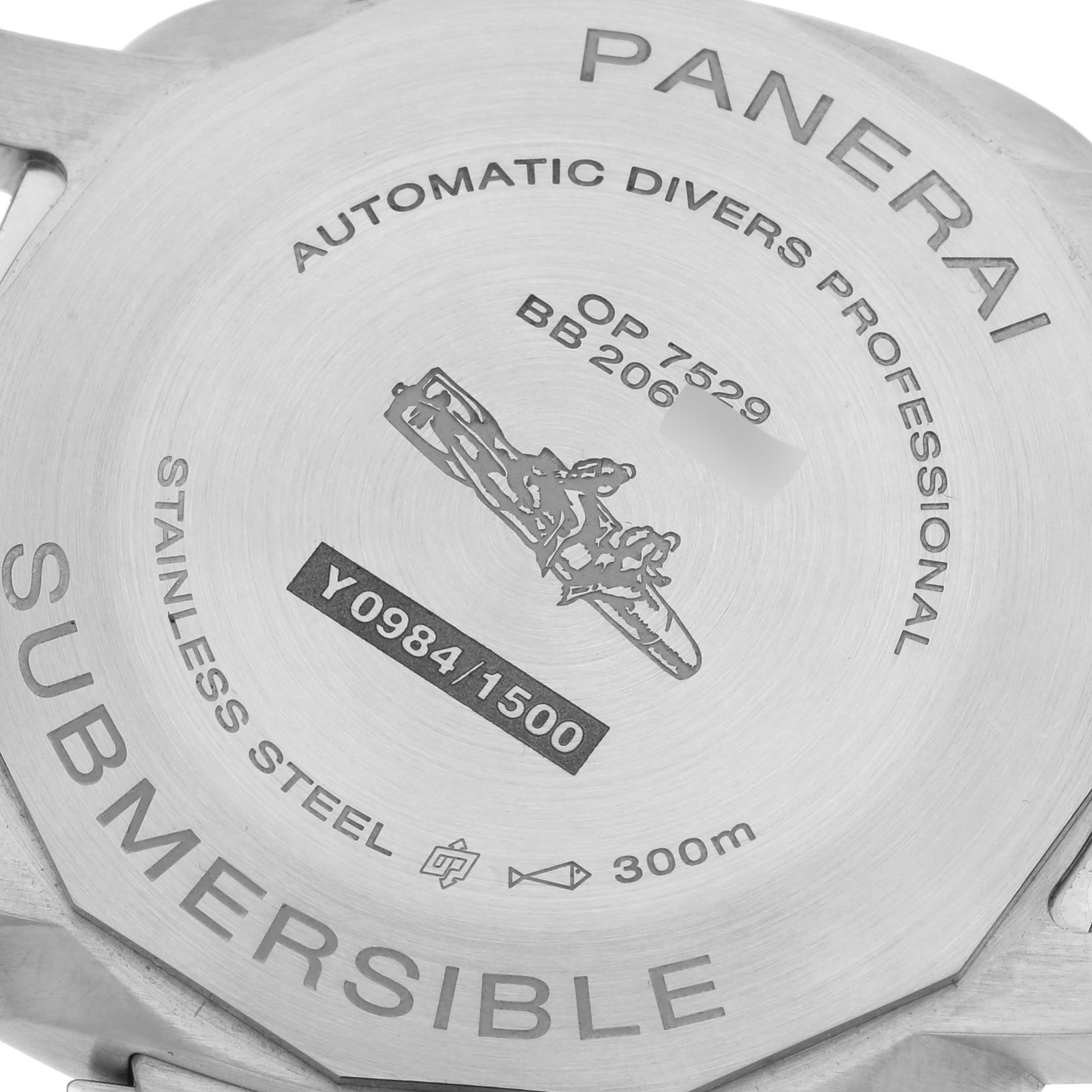 The image shows the case back of a Panerai Submersible PAM01391 Men's Stainless Steel Blue Dial PAM01391 Men's Stainless Steel Blue Dial watch, detailing model information and specifications.