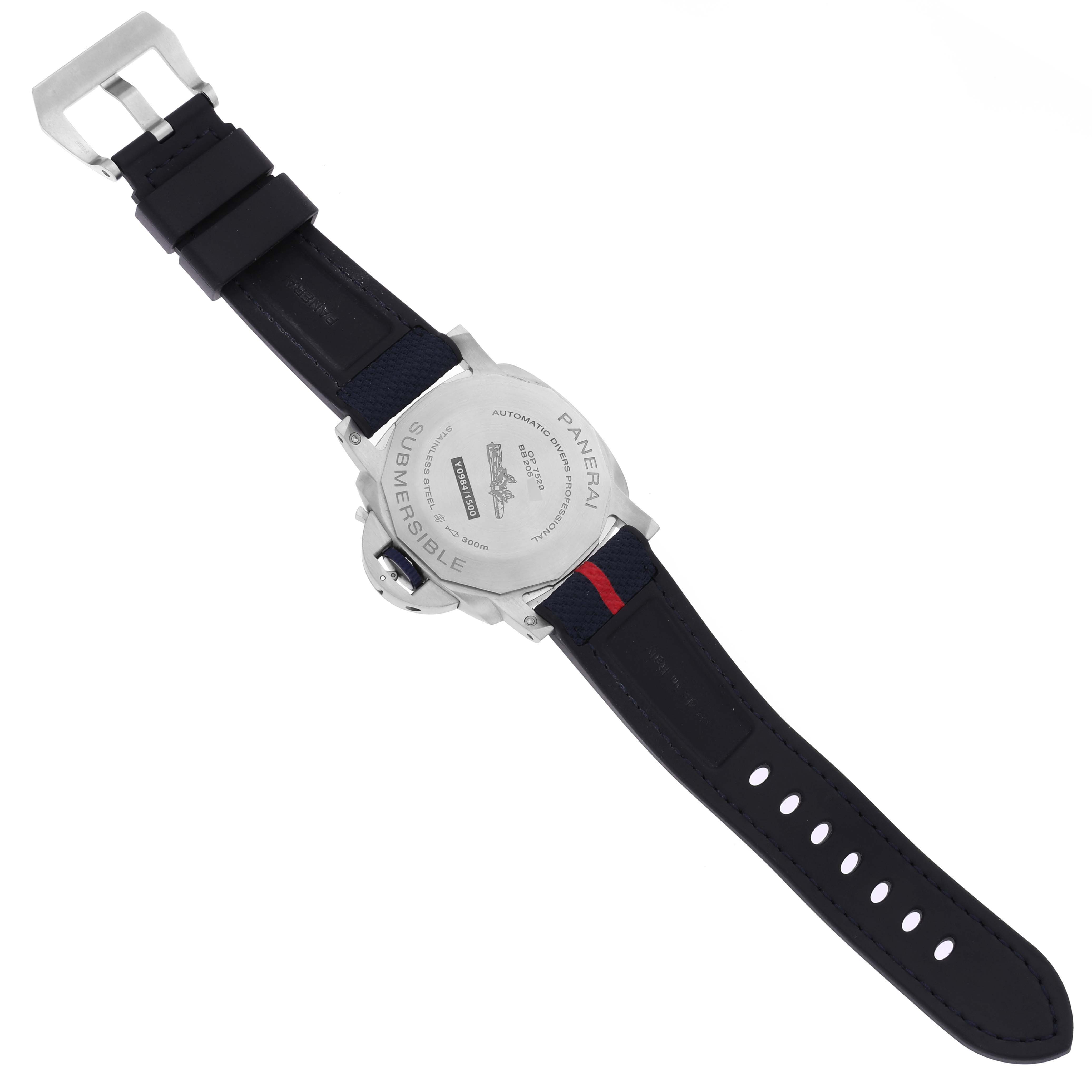 The image shows the back view of a Panerai Submersible PAM01391 Men's Stainless Steel Blue Dial PAM01391 Men's Stainless Steel Blue Dial watch, displaying the case back and strap.