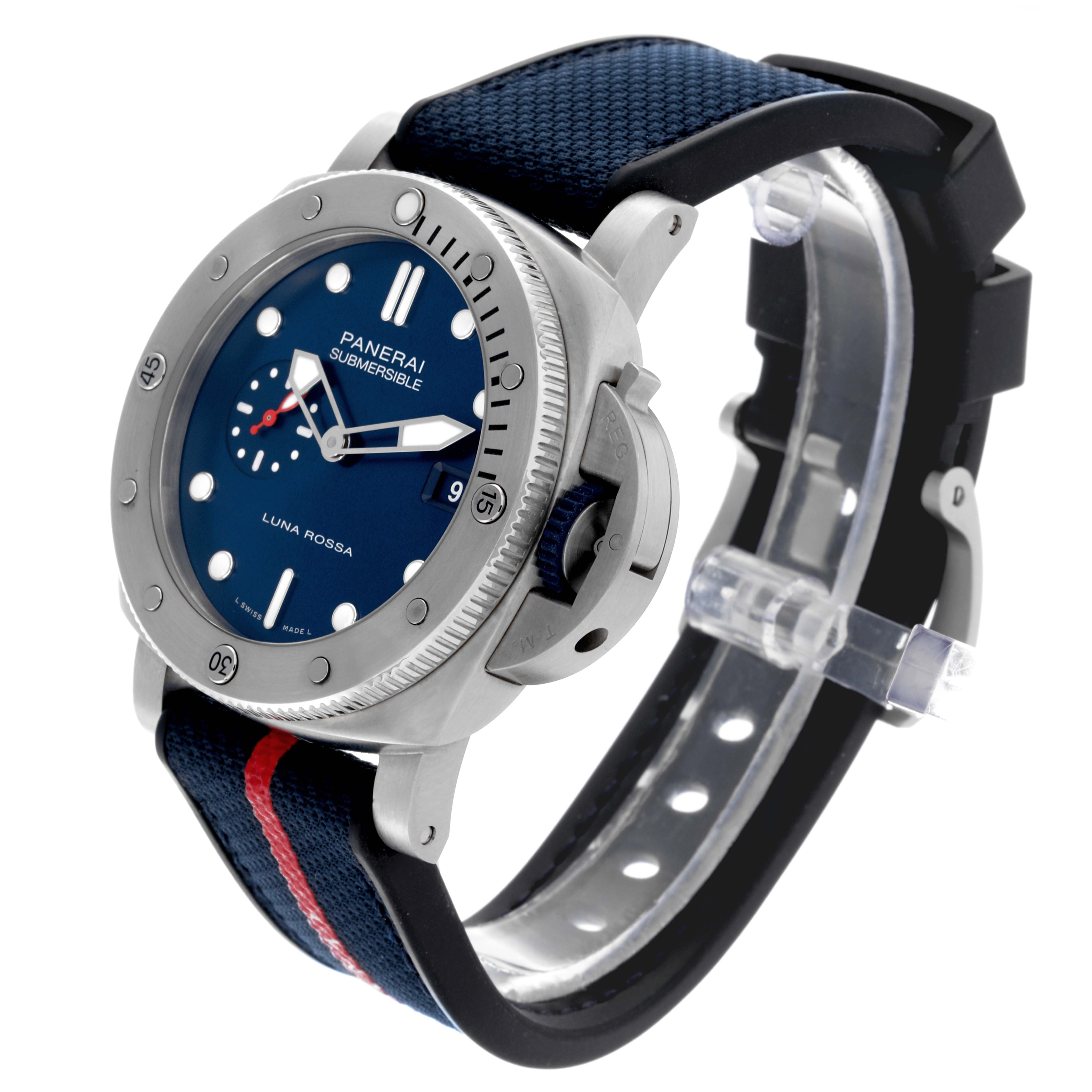The Panerai Submersible PAM01391 Men's Stainless Steel Blue Dial PAM01391 Men's Stainless Steel Blue Dial watch is shown at a side angle, highlighting the bezel, crown guard, and strap.