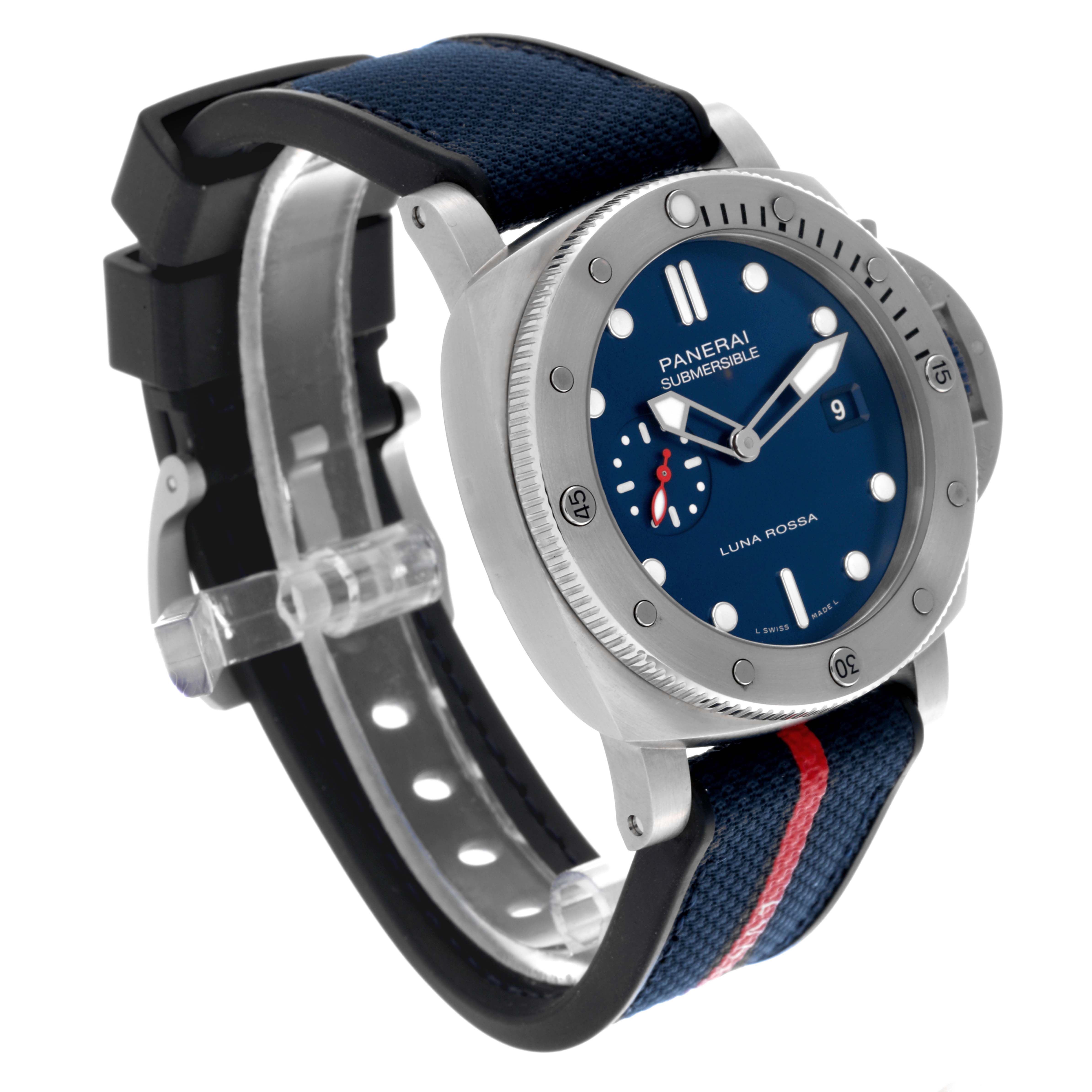 The Panerai Submersible PAM01391 Men's Stainless Steel Blue Dial PAM01391 Men's Stainless Steel Blue Dial watch is shown at a three-quarter angle, displaying the bezel, dial, and strap clearly.