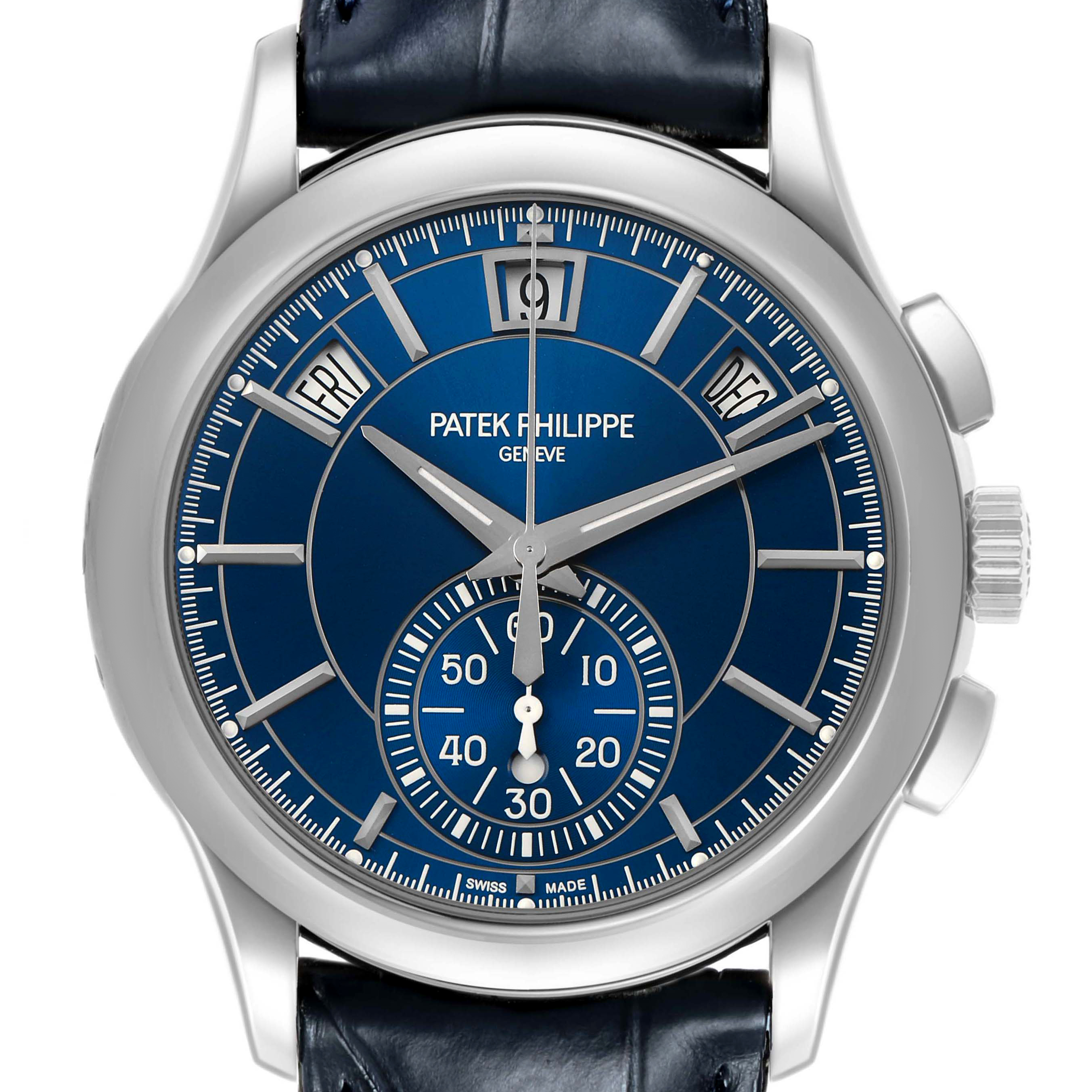 The image shows a frontal view of the Patek Philippe Complications 5905P - 001 Men's Platinum Blue Dial watch, displaying its blue dial, hands, subdials, and calendar windows.