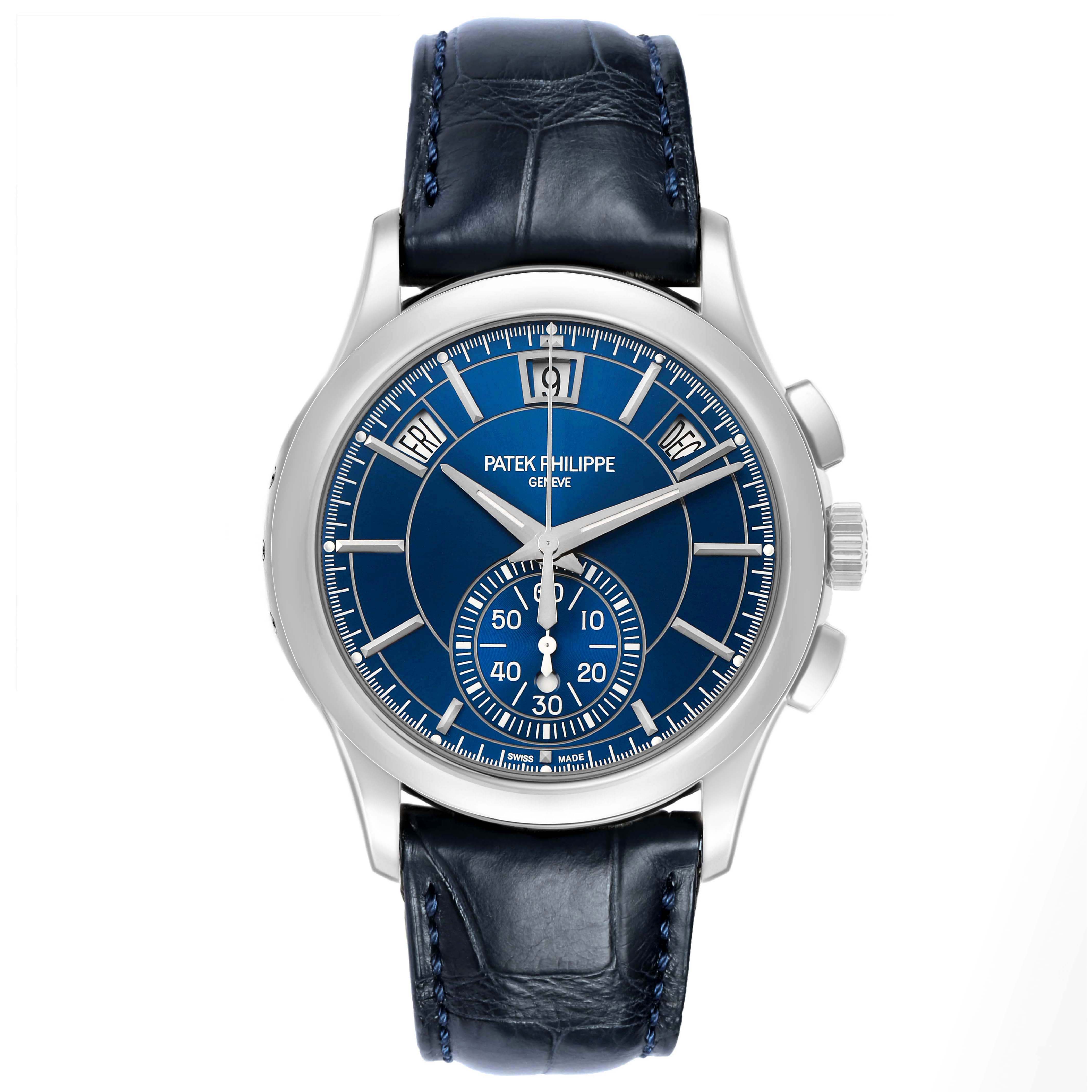 This Patek Philippe Complications 5905P - 001 Men's Platinum Blue Dial watch is shown from a direct front angle, highlighting the dial, case, and blue leather strap.