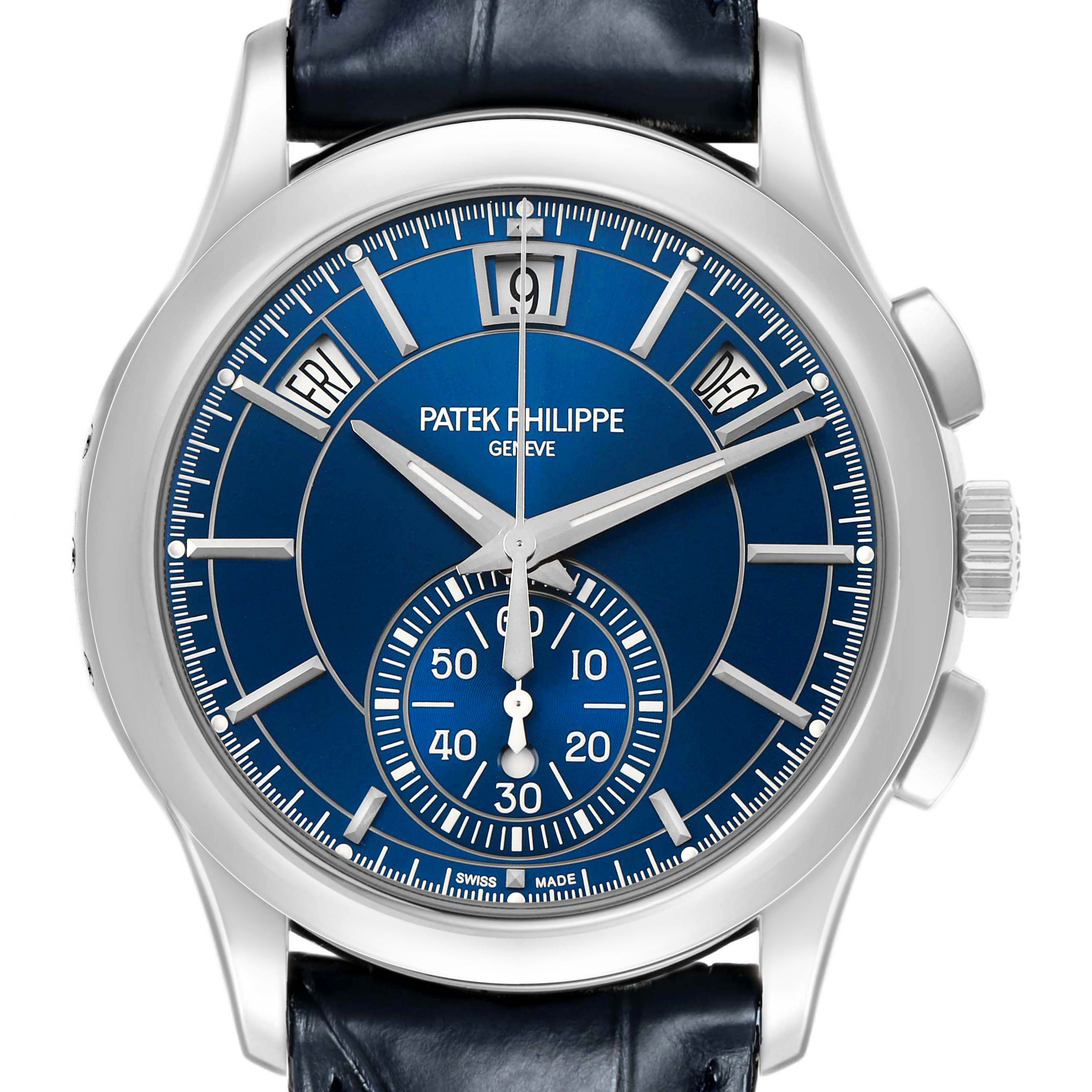The Patek Philippe Complications 5905P - 001 Men's Platinum Blue Dial watch is shown from the front, displaying its dial, hands, subdials, and pushers.