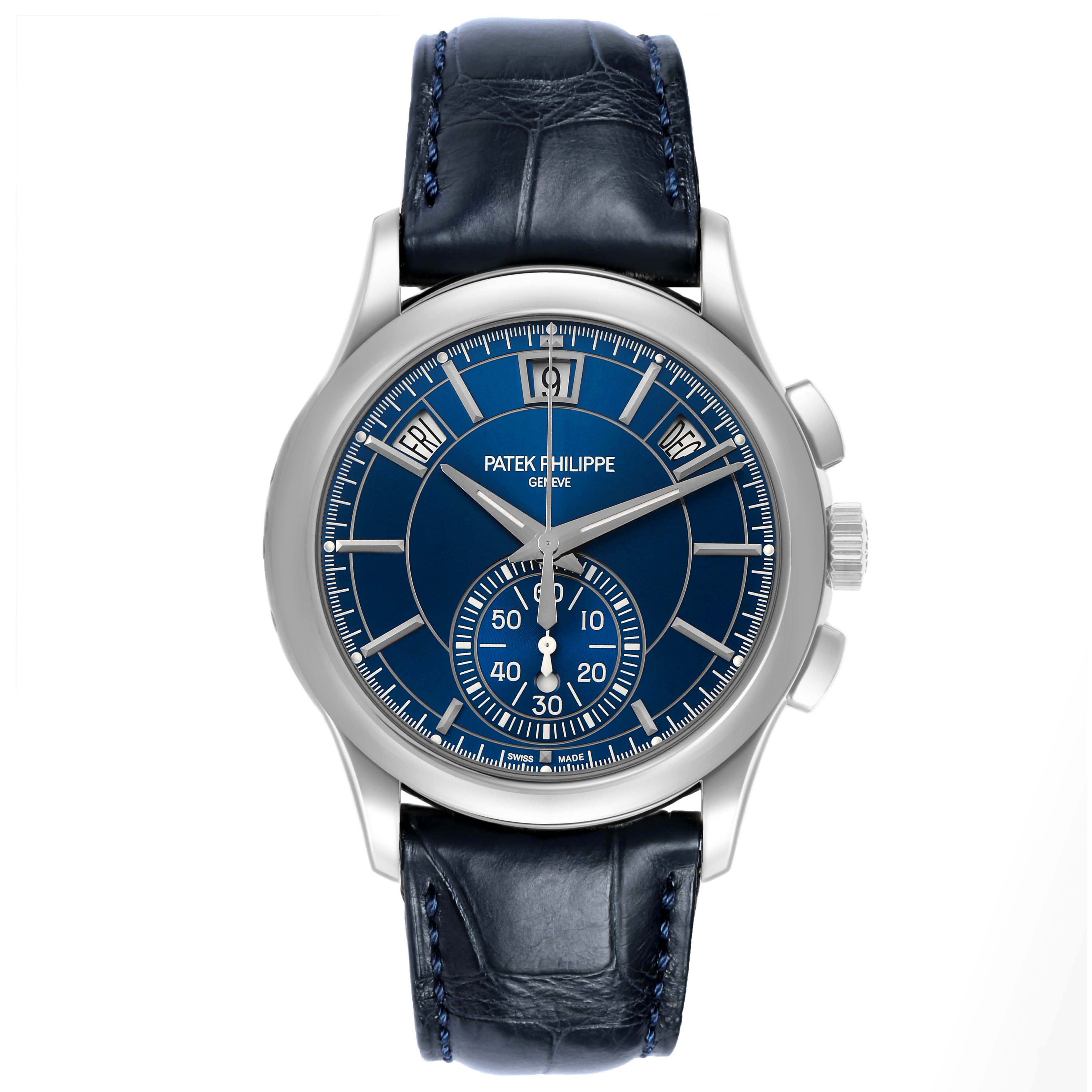 The Patek Philippe Complications 5905P - 001 Men's Platinum Blue Dial watch is shown from a front angle, highlighting its blue dial, sub-dial, and leather strap.