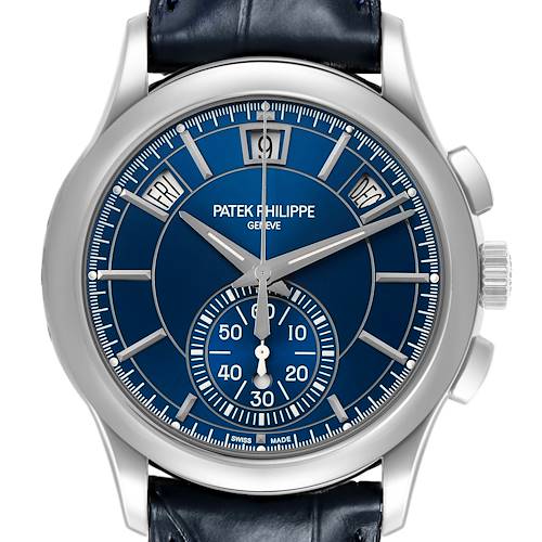 The Patek Philippe Complications 5905P - 001 Men's Platinum Blue Dial model is shown from the front, highlighting the blue dial, sub-dials, day, date, and month indicators.