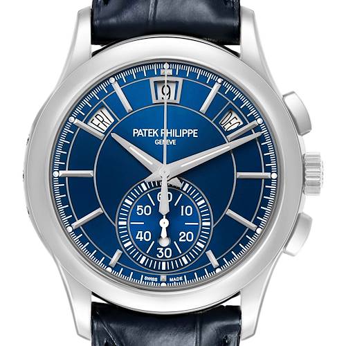 The Patek Philippe Complications 5905P - 001 Men's Platinum Blue Dial model is shown from a top-down angle, displaying the blue dial, sub-dial, and day-date indicators.