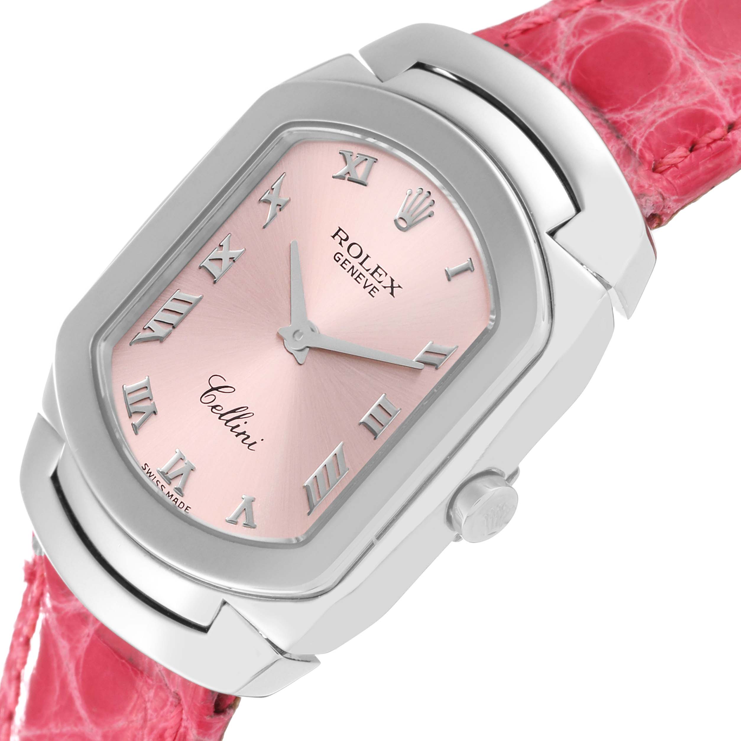 This Rolex Cellini 6631/9 Women's White Gold Pink Dial 6631/9 Women's White Gold Pink Dial watch image shows a close-up angle featuring a pink dial, Roman numerals, and a pink strap.