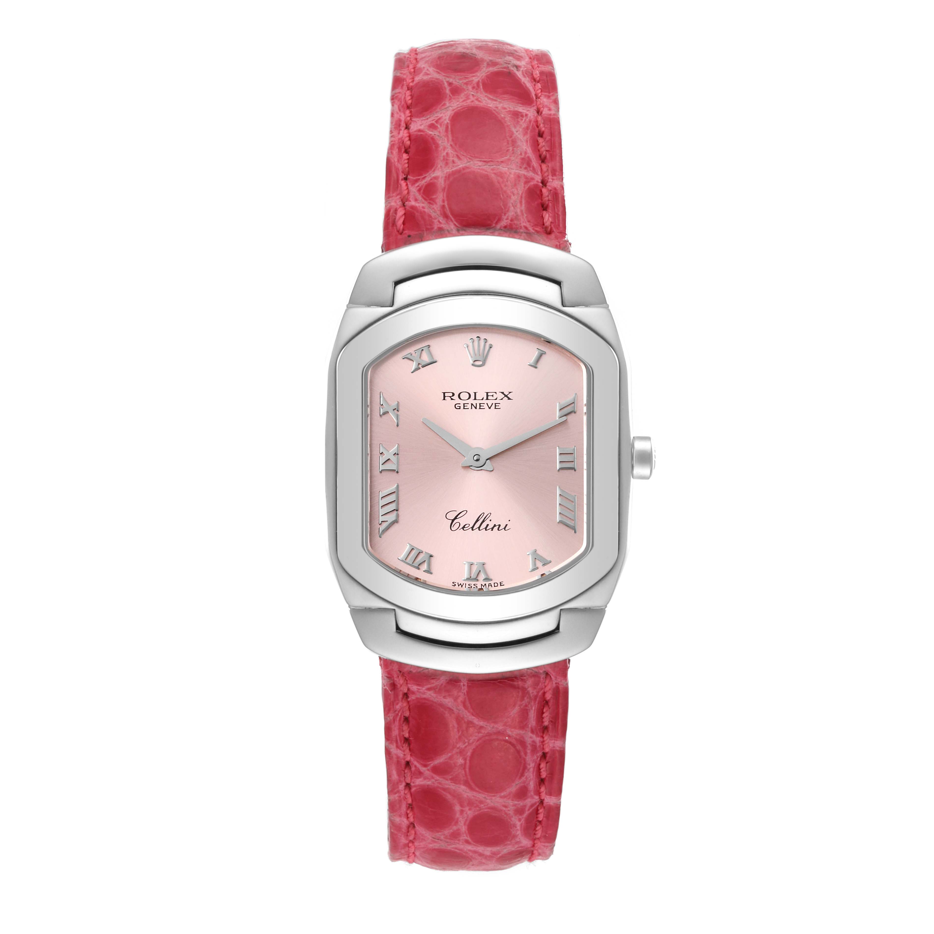 The image shows a front view of a Rolex Cellini 6631/9 Women's White Gold Pink Dial 6631/9 Women's White Gold Pink Dial watch with a pink dial and pink leather strap.