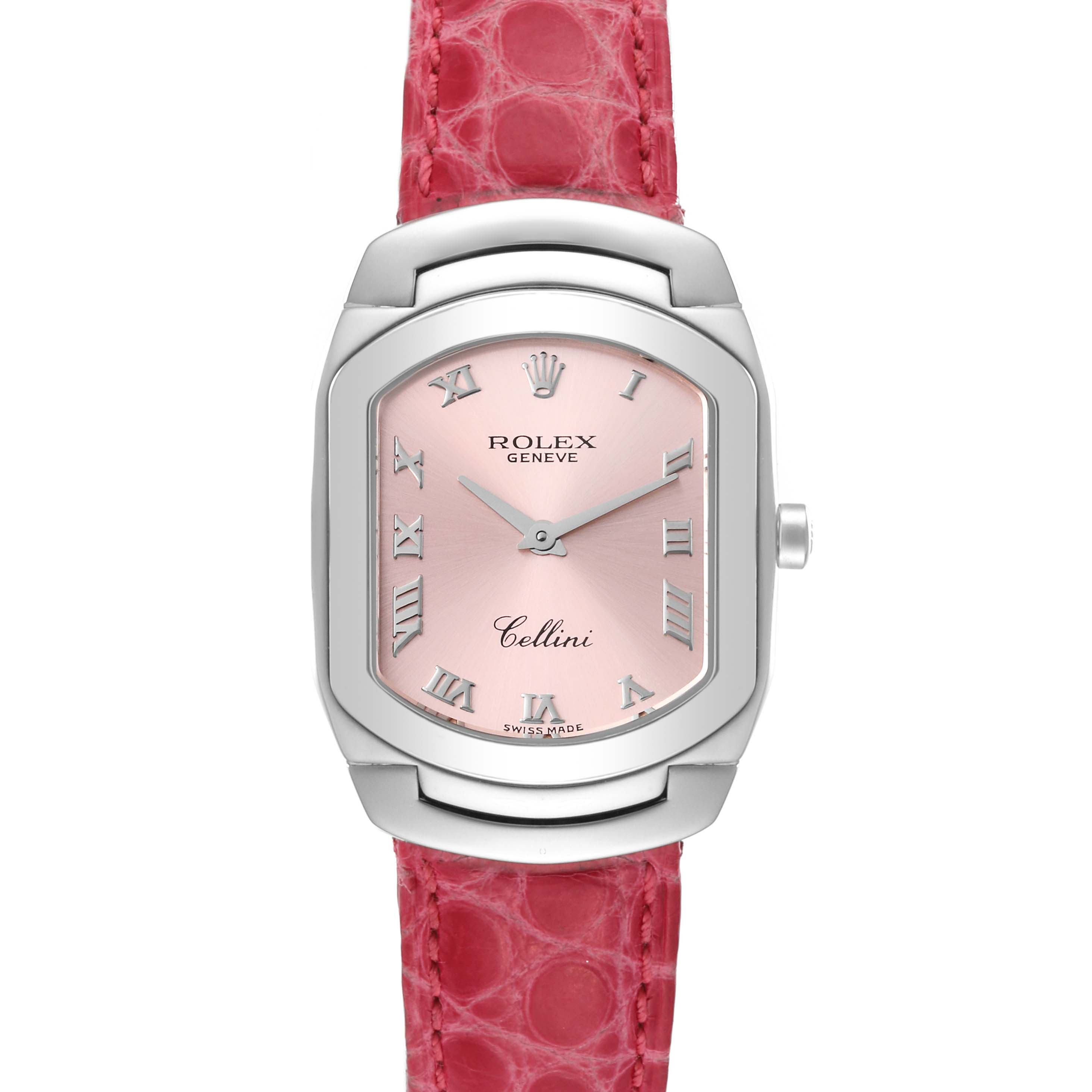 The image shows a front view of a Rolex Cellini 6631/9 Women's White Gold Pink Dial 6631/9 Women's White Gold Pink Dial watch with a pink dial and a red alligator leather strap.