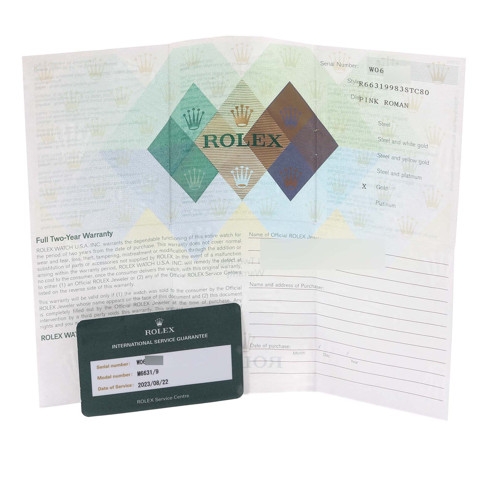 The image shows the warranty and international service guarantee card for a Rolex Cellini 6631/9 Women's White Gold Pink Dial 6631/9 Women's White Gold Pink Dial watch placed flat on a surface.