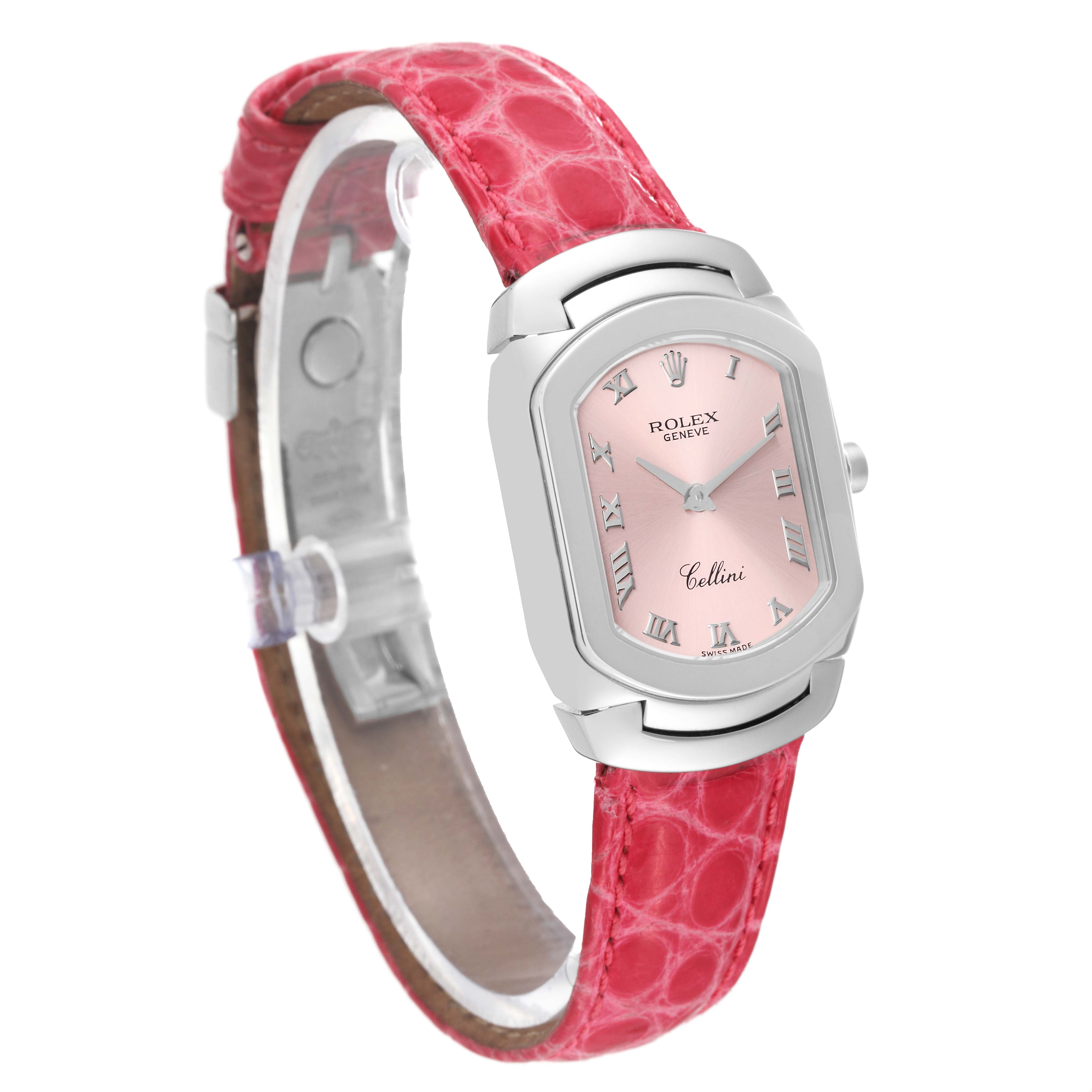 The image shows a Rolex Cellini 6631/9 Women's White Gold Pink Dial 6631/9 Women's White Gold Pink Dial watch at a slight angle, highlighting its pink face, Roman numerals, and red leather strap.