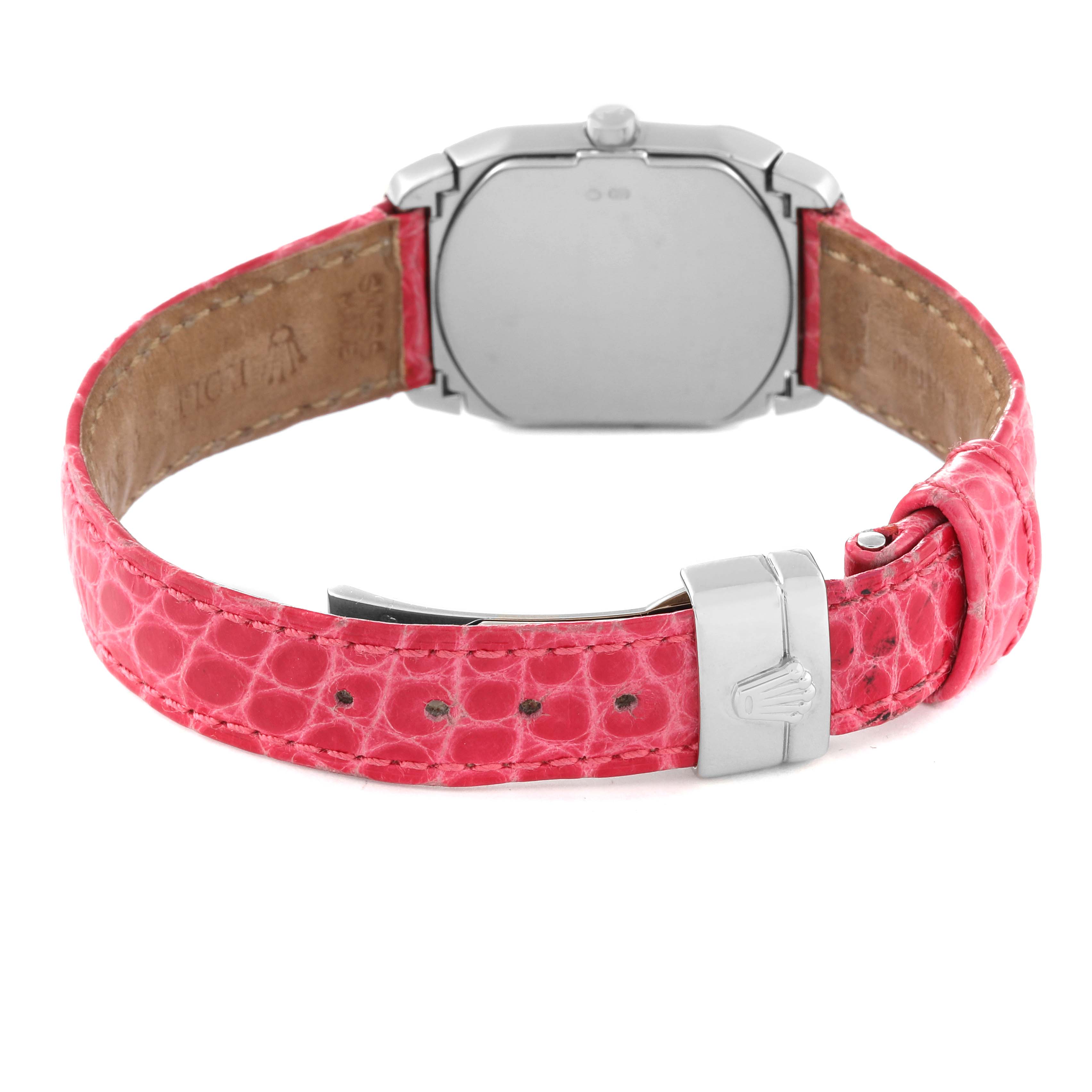 The image shows the back view of a Rolex Cellini 6631/9 Women's White Gold Pink Dial 6631/9 Women's White Gold Pink Dial watch with a pink leather strap and a visible buckle featuring the Rolex logo.