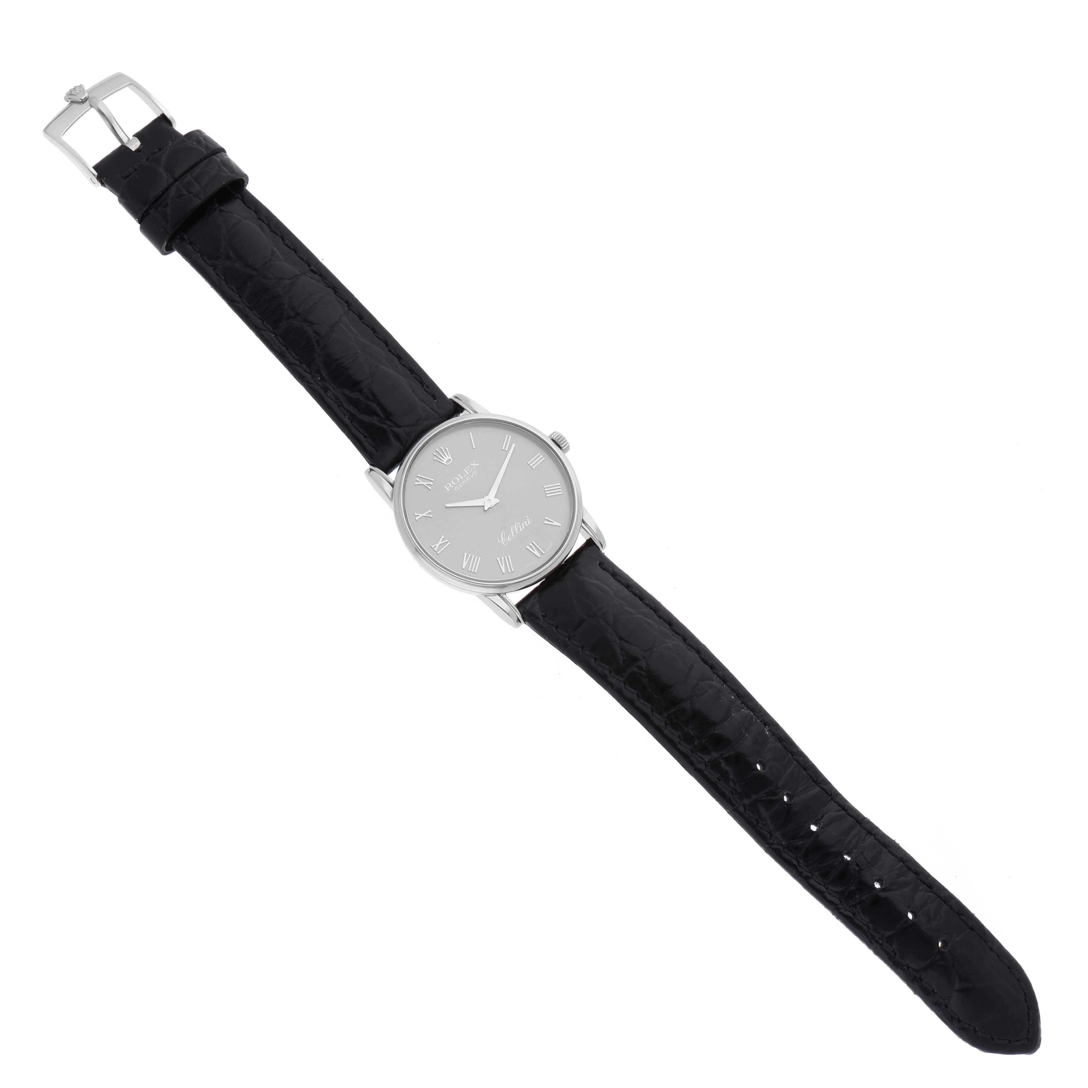 The image shows a full view of a Rolex Cellini 5116 Men's White Gold Grey Dial 5116 Men's White Gold Grey Dial watch with its black leather strap laid out flat.