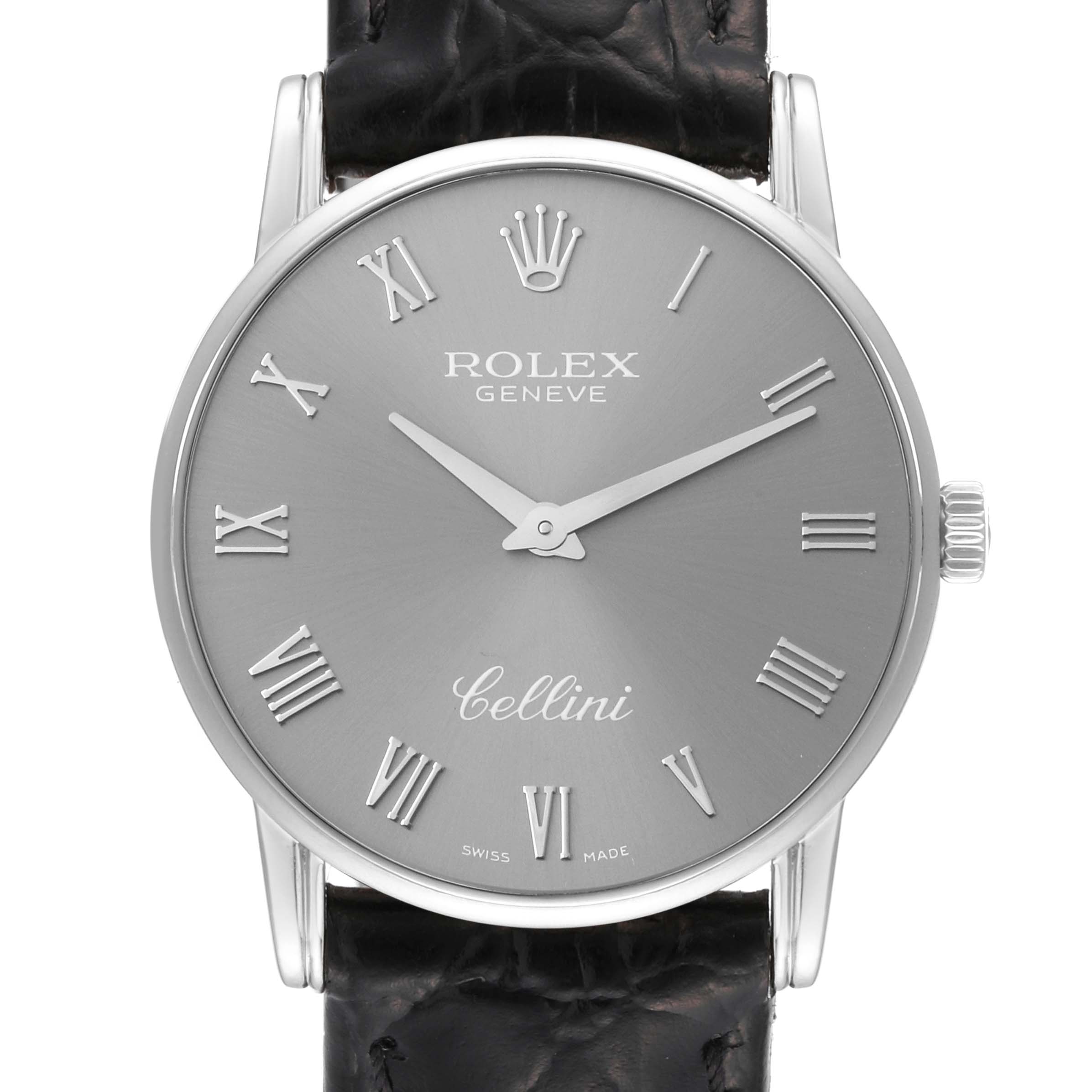 This image shows a front view of the Rolex Cellini 5116 Men's White Gold Grey Dial 5116 Men's White Gold Grey Dial watch, showcasing its dial, hands, crown, and part of the leather strap.