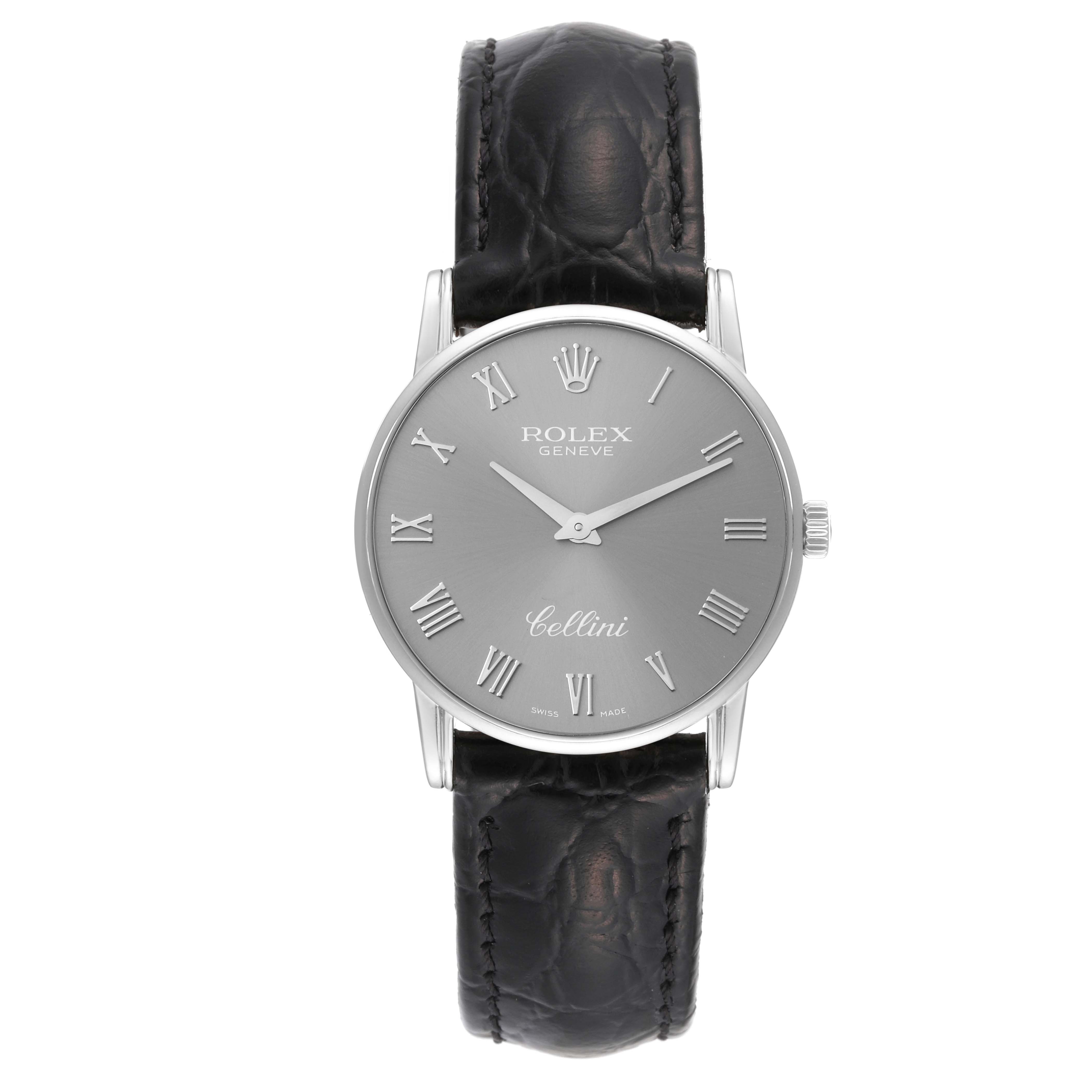 This image shows a face-on view of a Rolex Cellini 5116 Men's White Gold Grey Dial 5116 Men's White Gold Grey Dial watch, highlighting its dial, Roman numerals, and leather strap.