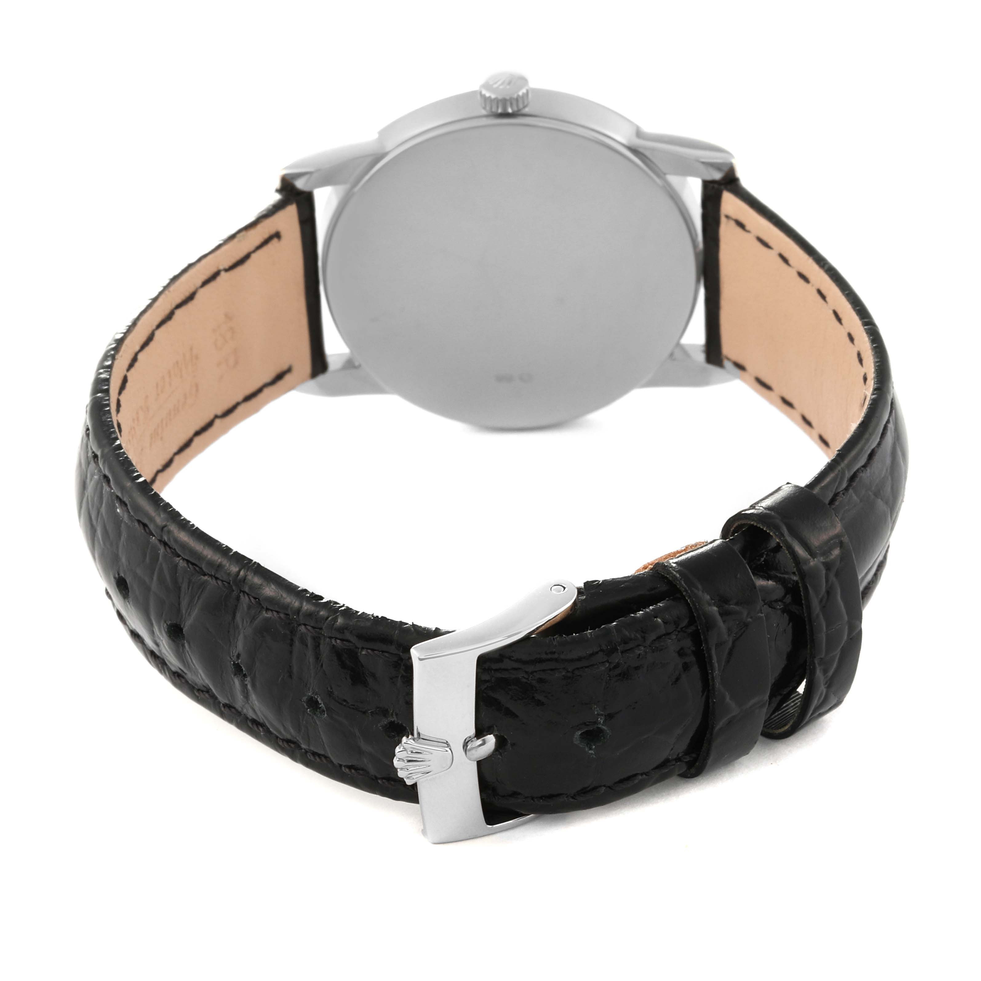 This image shows the back of a Rolex Cellini 5116 Men's White Gold Grey Dial 5116 Men's White Gold Grey Dial watch, highlighting the leather strap and clasp.