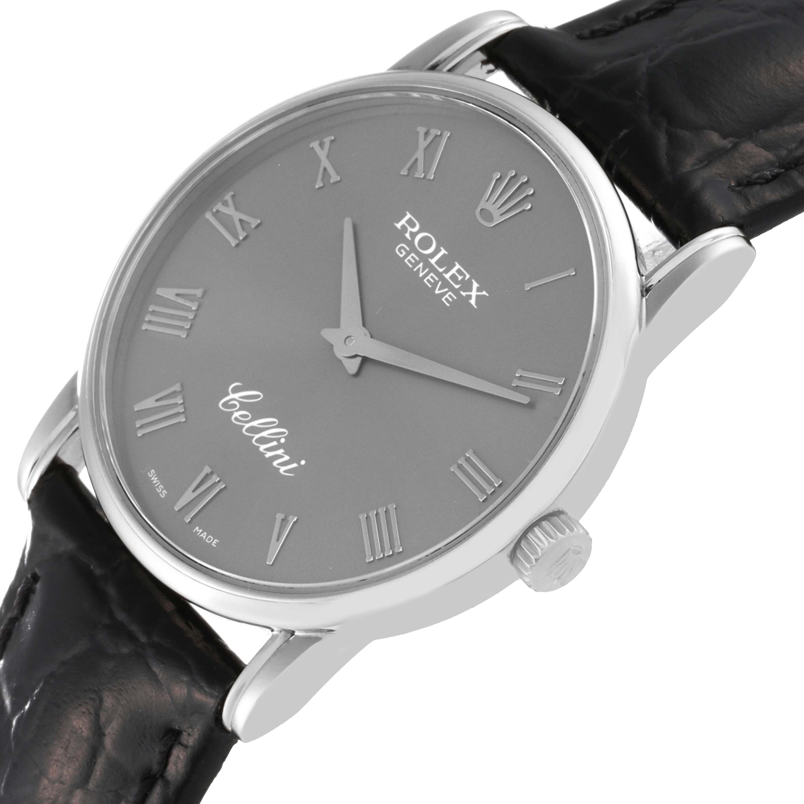 The Rolex Cellini 5116 Men's White Gold Grey Dial 5116 Men's White Gold Grey Dial watch is shown at a slight side angle, displaying its face, crown, and part of the leather strap.