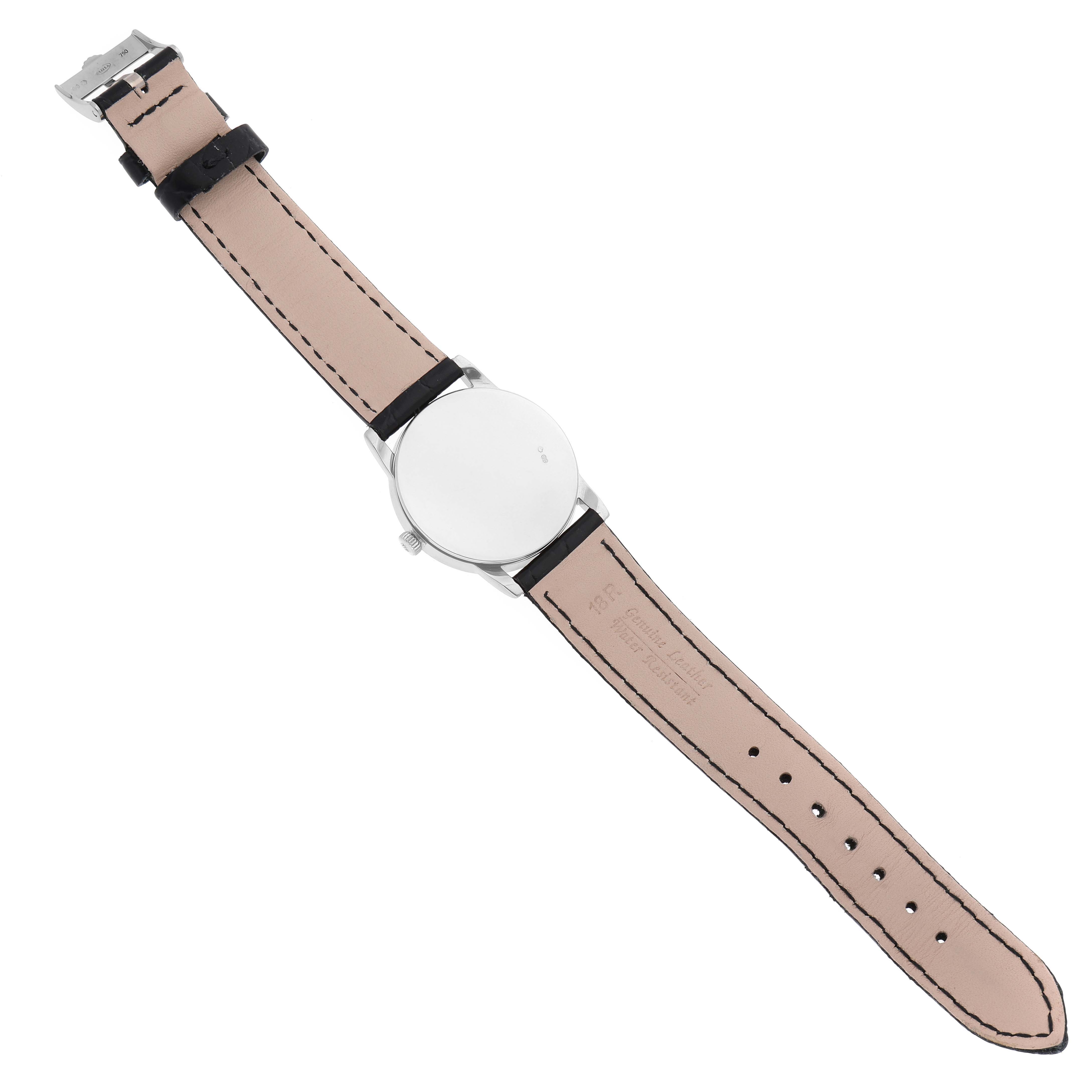 The image shows the underside view of a Rolex Cellini 5116 Men's White Gold Grey Dial 5116 Men's White Gold Grey Dial watch, highlighting its leather strap and case back.