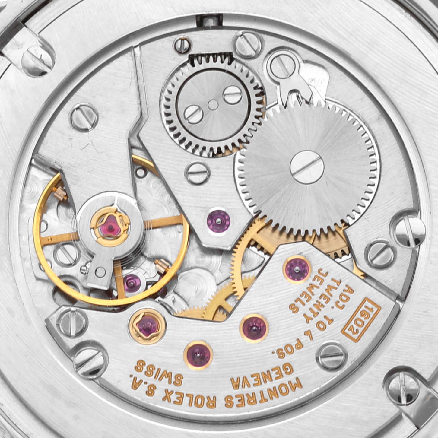 The image shows a detailed close-up of the internal mechanism of the Rolex Cellini 5116 Men's White Gold Grey Dial 5116 Men's White Gold Grey Dial watch.