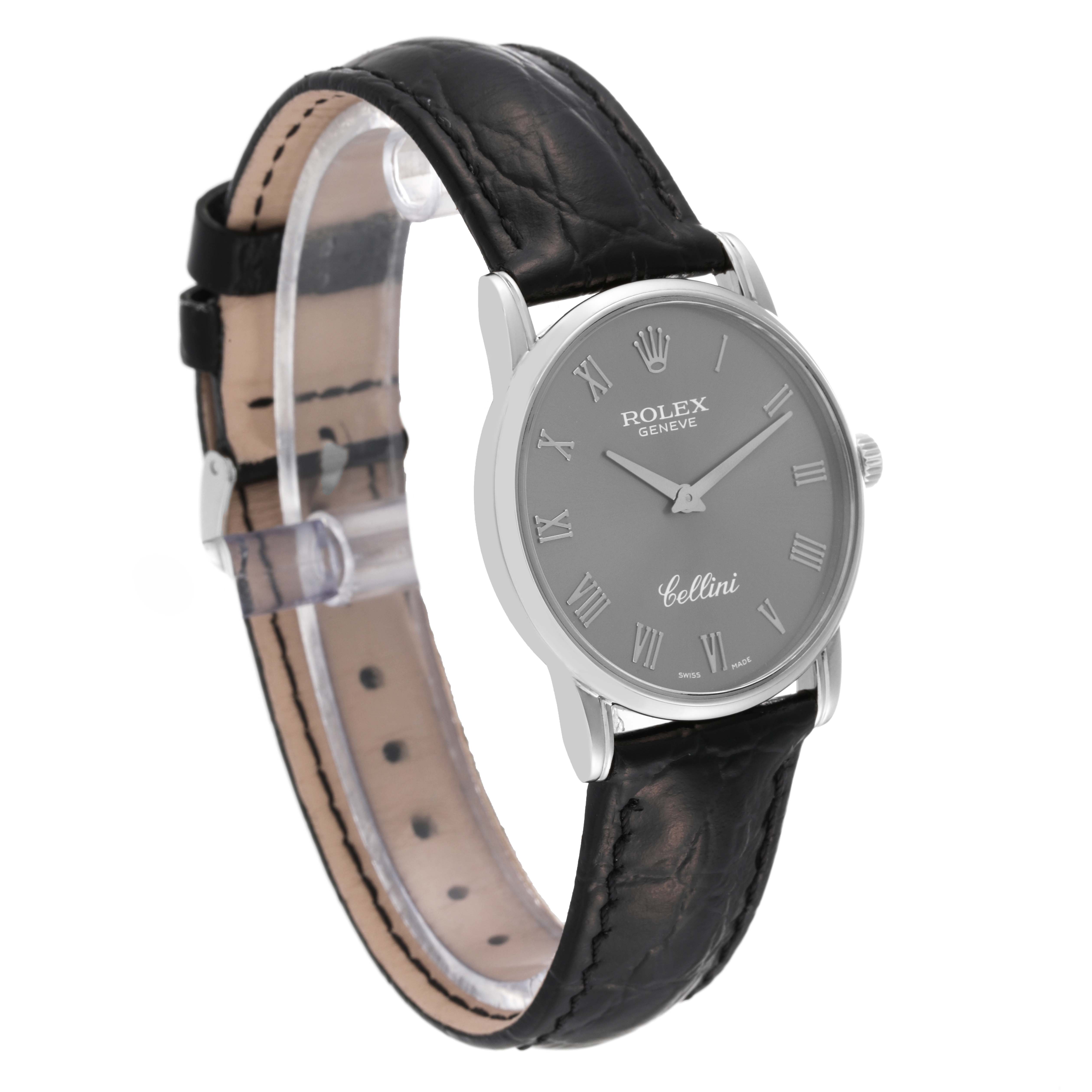 The image shows a Rolex Cellini 5116 Men's White Gold Grey Dial 5116 Men's White Gold Grey Dial watch at a slight angle, highlighting the face, black leather strap, and silver case.