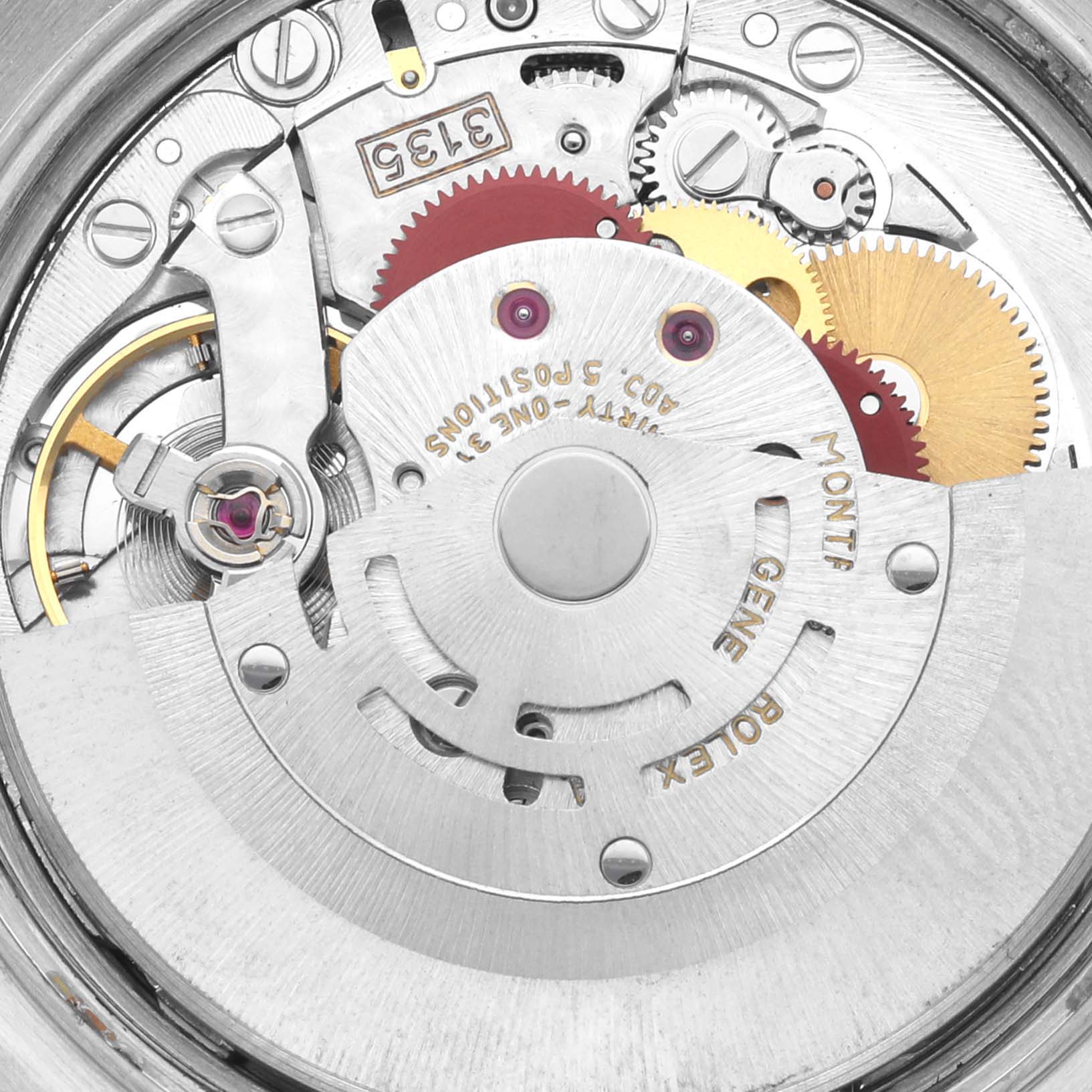 This is a close-up of the movement from a Rolex Date 15210 Men's Stainless Steel White Dial 15210 Men's Stainless Steel White Dial watch, showing gears and intricate mechanical parts.