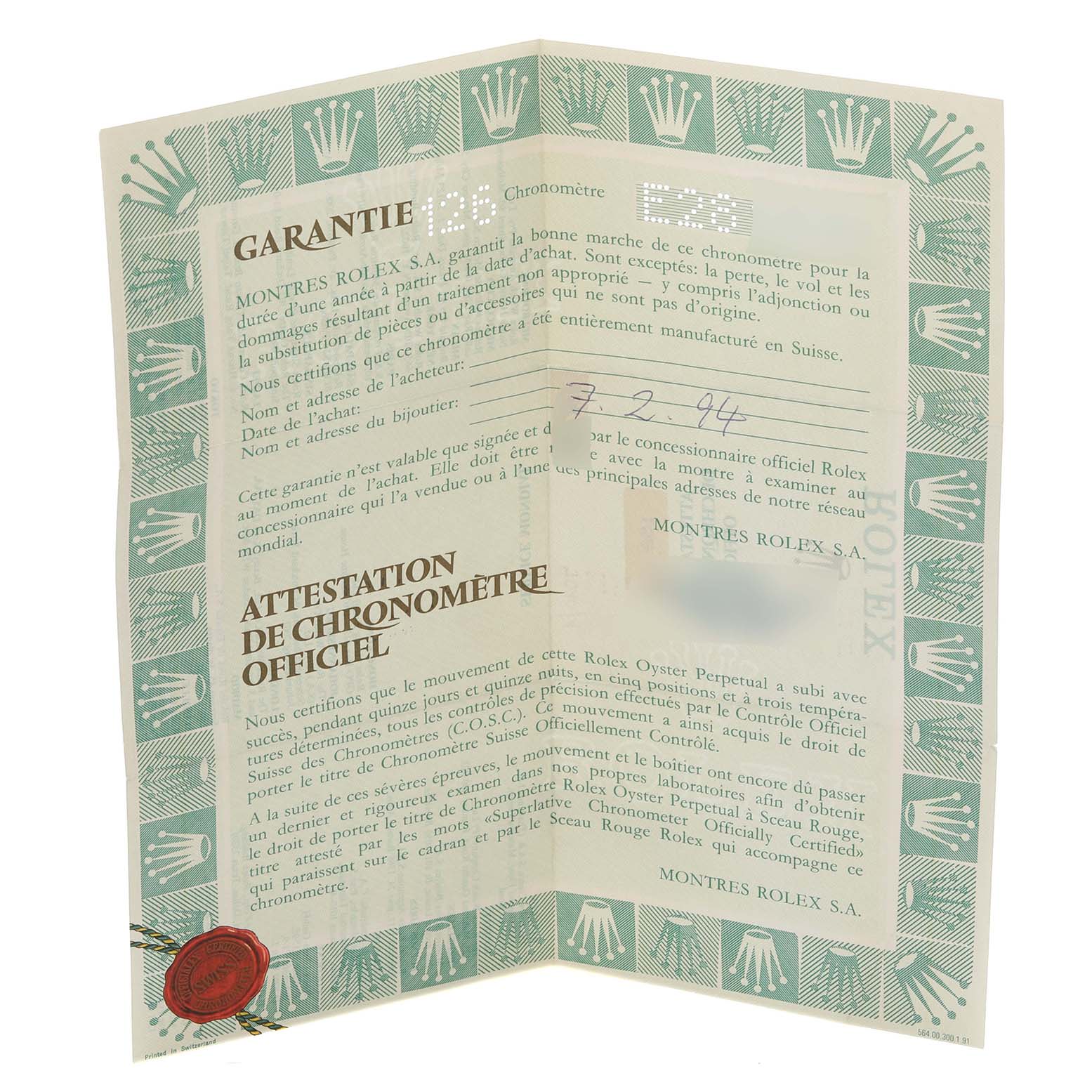 The image shows a warranty certificate for a Rolex Date 15210 Men's Stainless Steel White Dial 15210 Men's Stainless Steel White Dial model, featuring brand details and official chronometer attestation.