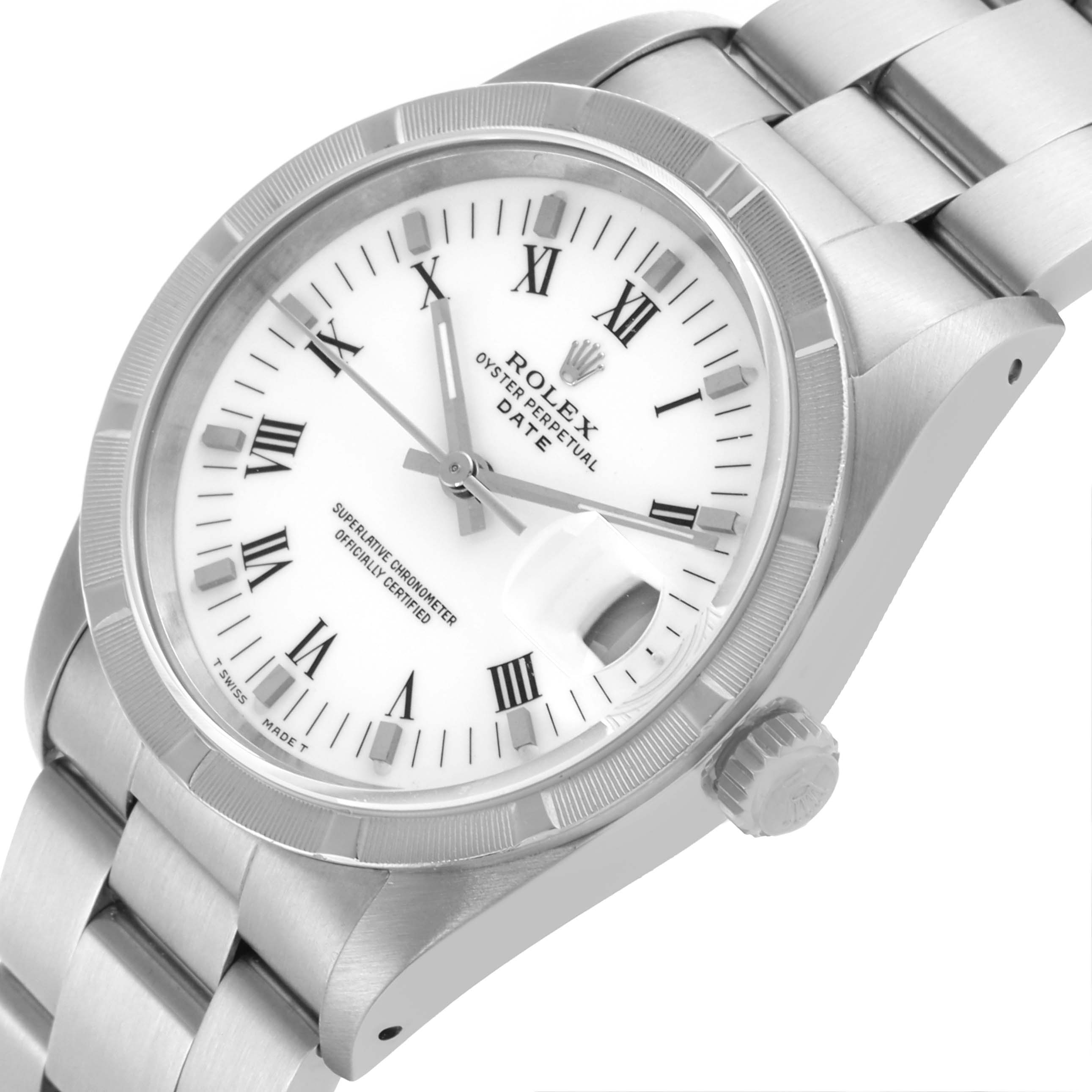 The Rolex Date 15210 Men's Stainless Steel White Dial 15210 Men's Stainless Steel White Dial watch is shown from an angled side view, highlighting the face, bezel, crown, and part of the bracelet.