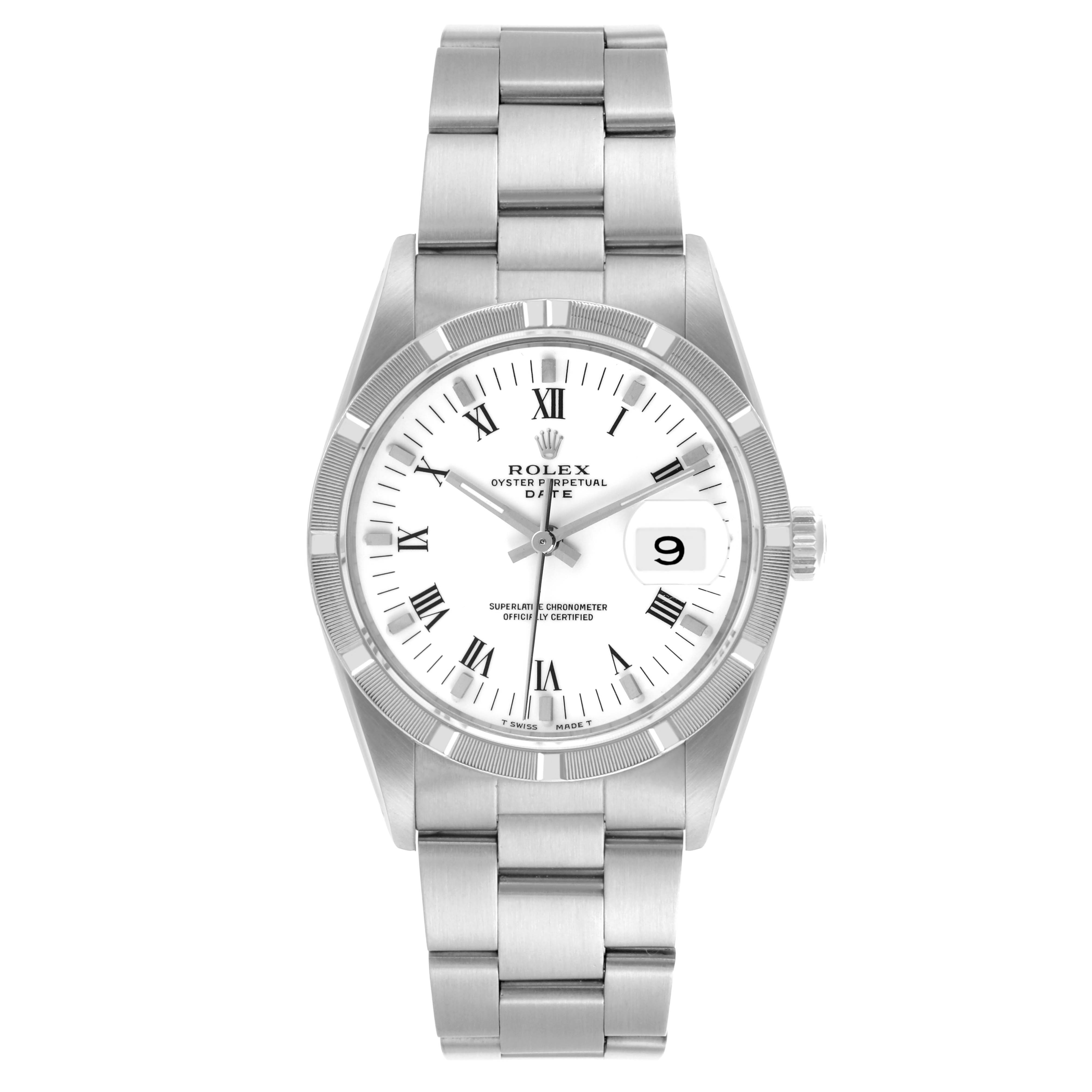 The Rolex Date 15210 Men's Stainless Steel White Dial 15210 Men's Stainless Steel White Dial watch is shown from a front angle, highlighting its dial, bezel, bracelet, and date window.