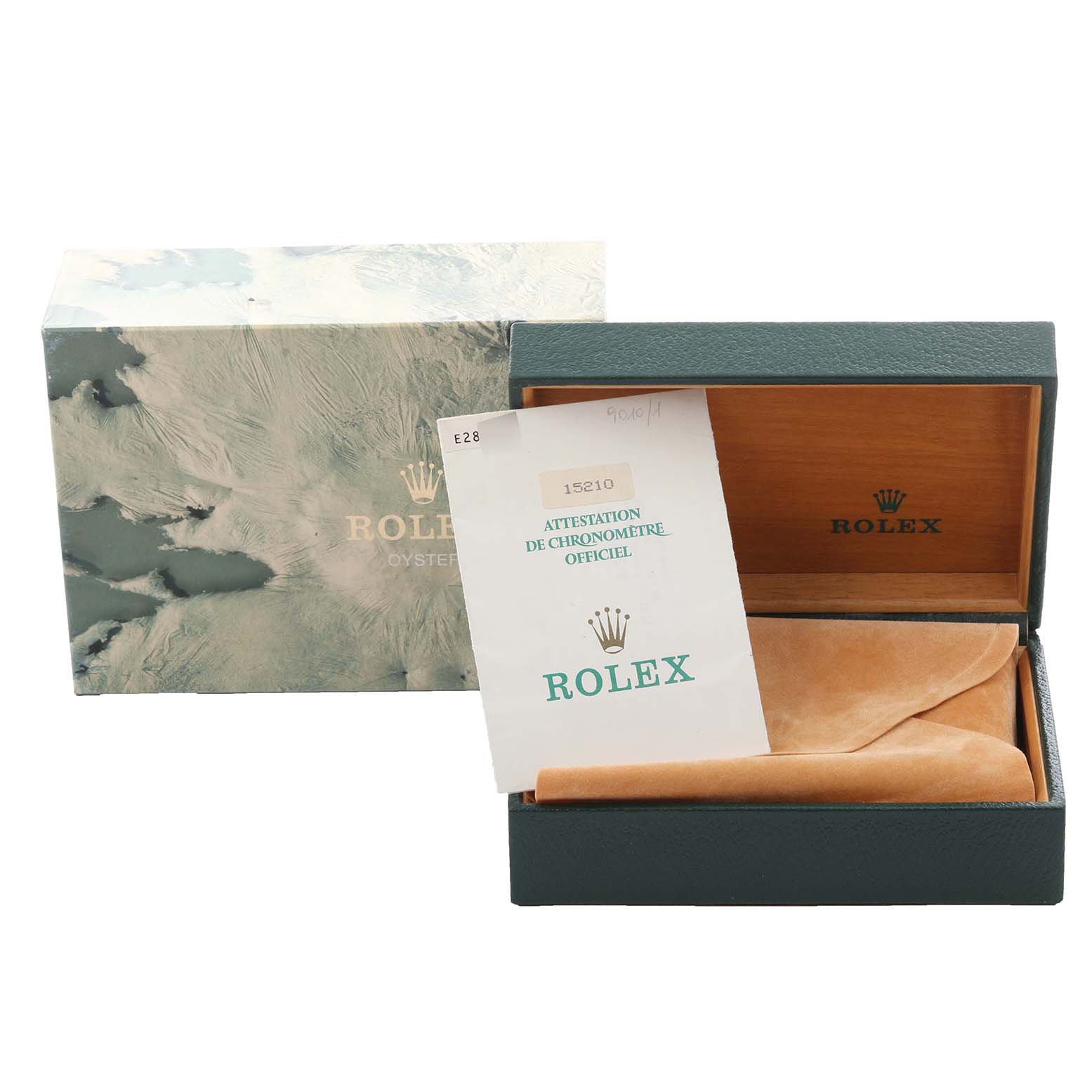 The image shows the packaging and certificate for a Rolex Date 15210 Men's Stainless Steel White Dial 15210 Men's Stainless Steel White Dial model, including a box and official documentation.