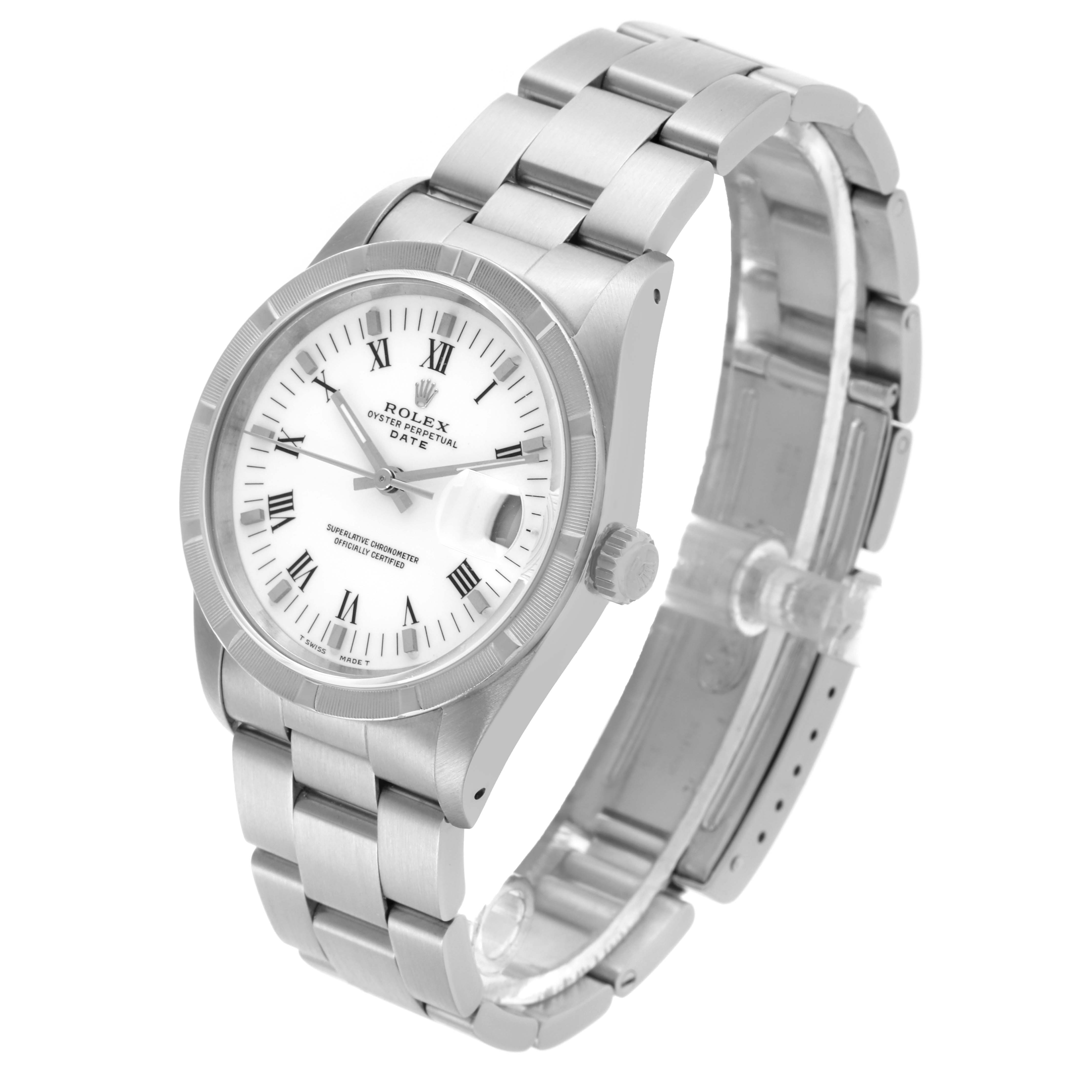 The Rolex Date 15210 Men's Stainless Steel White Dial 15210 Men's Stainless Steel White Dial watch is shown at an angle highlighting the face, bezel, and stainless steel bracelet.