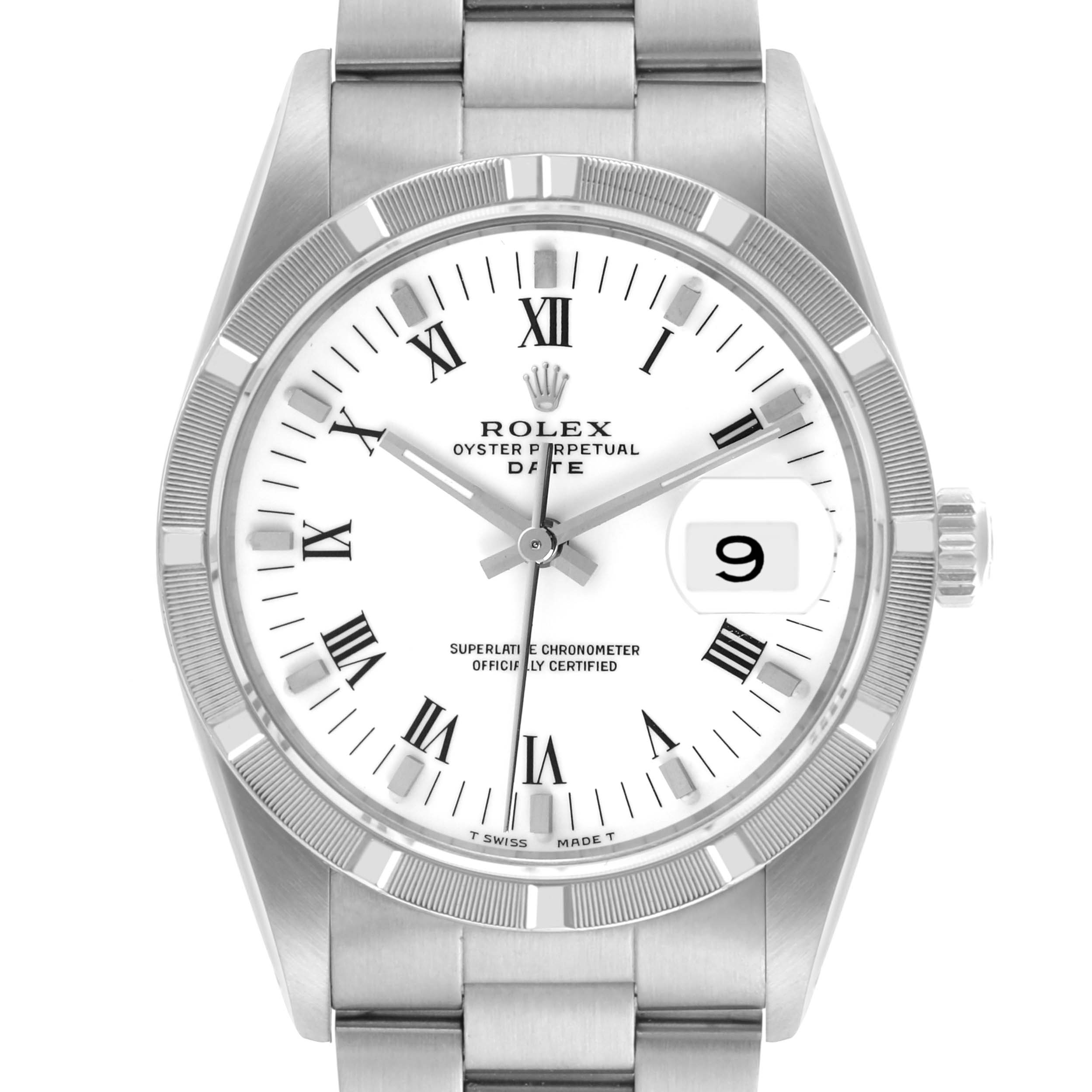 The Rolex Date 15210 Men's Stainless Steel White Dial 15210 Men's Stainless Steel White Dial watch is shown from the front, highlighting its dial, bezel, hands, and bracelet top.