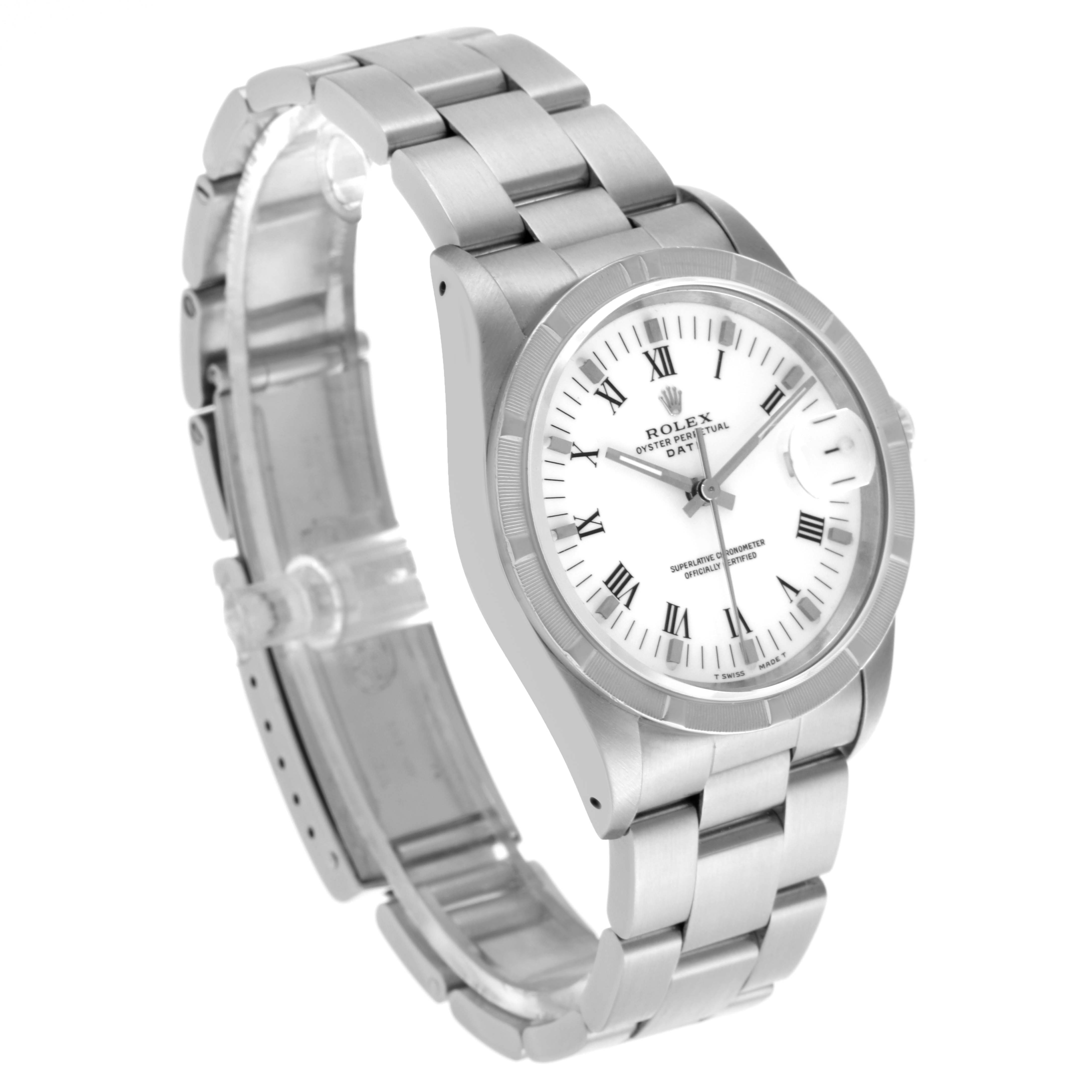 The Rolex Date 15210 Men's Stainless Steel White Dial 15210 Men's Stainless Steel White Dial model watch is shown at a slight angle, highlighting the bracelet and white dial with Roman numerals.