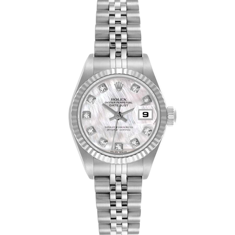 The Rolex Datejust watch is shown from a front angle, displaying the dial, bezel, and Jubilee bracelet.